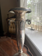 Antique Art Nouveau Silverplate Candlestick Pair Ornate Column Design Lion Head Handles Decorative Candle Holder Home Decor Display Accent