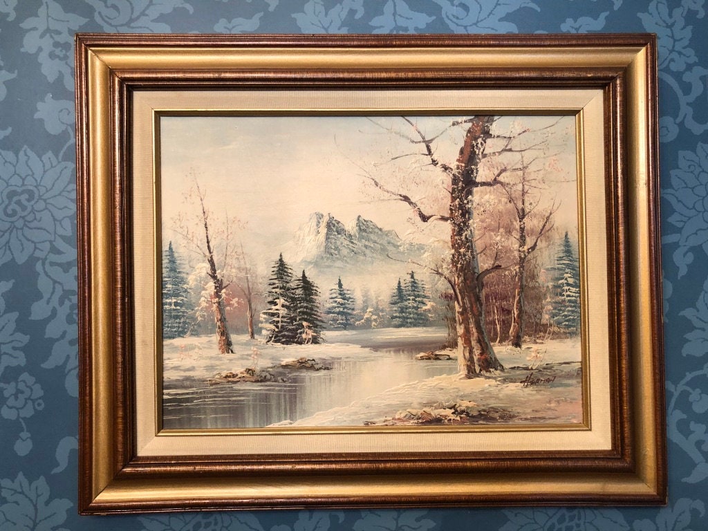 Vintage Oil Painting Winter Scene Snowy Art Landscape Wooden Framed Wall Art Gold / Brown Wood Frame Signed