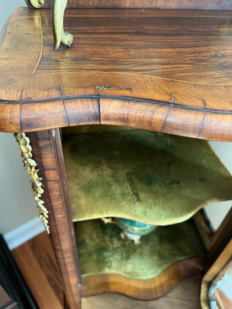 19th Century French Rosewood & Marquetry Louis XV Style Bombe Vitrine Bronze Ormolu Curio Cabinet Hand Painted Porcelain Plaques Home Decor