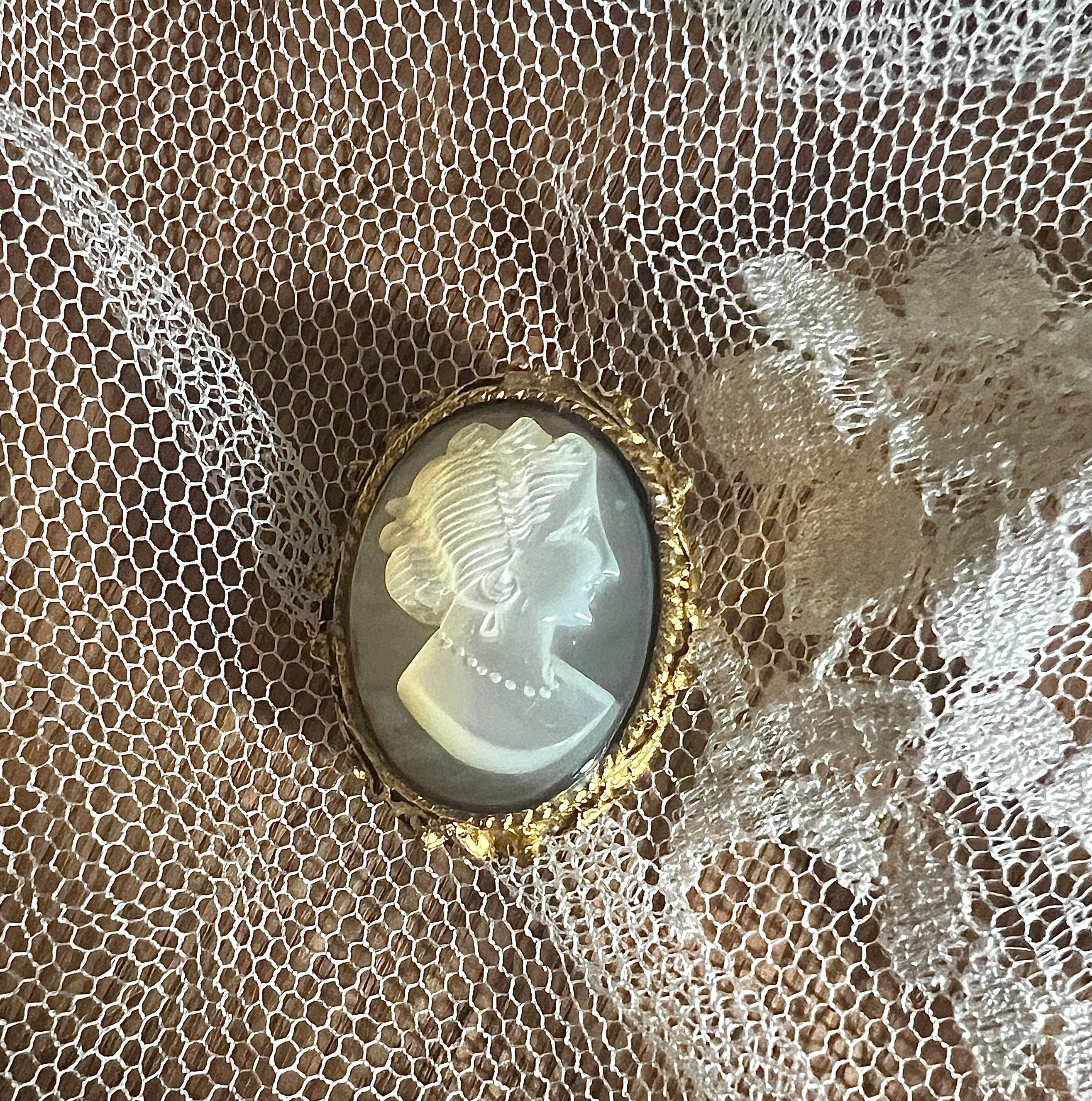 Vintage Cameo Brooch Antique Gold Tone Carved Shell Lady Portrait Pin Elegant Victorian Style Jewelry Gift Heirloom Collectible Accessory
