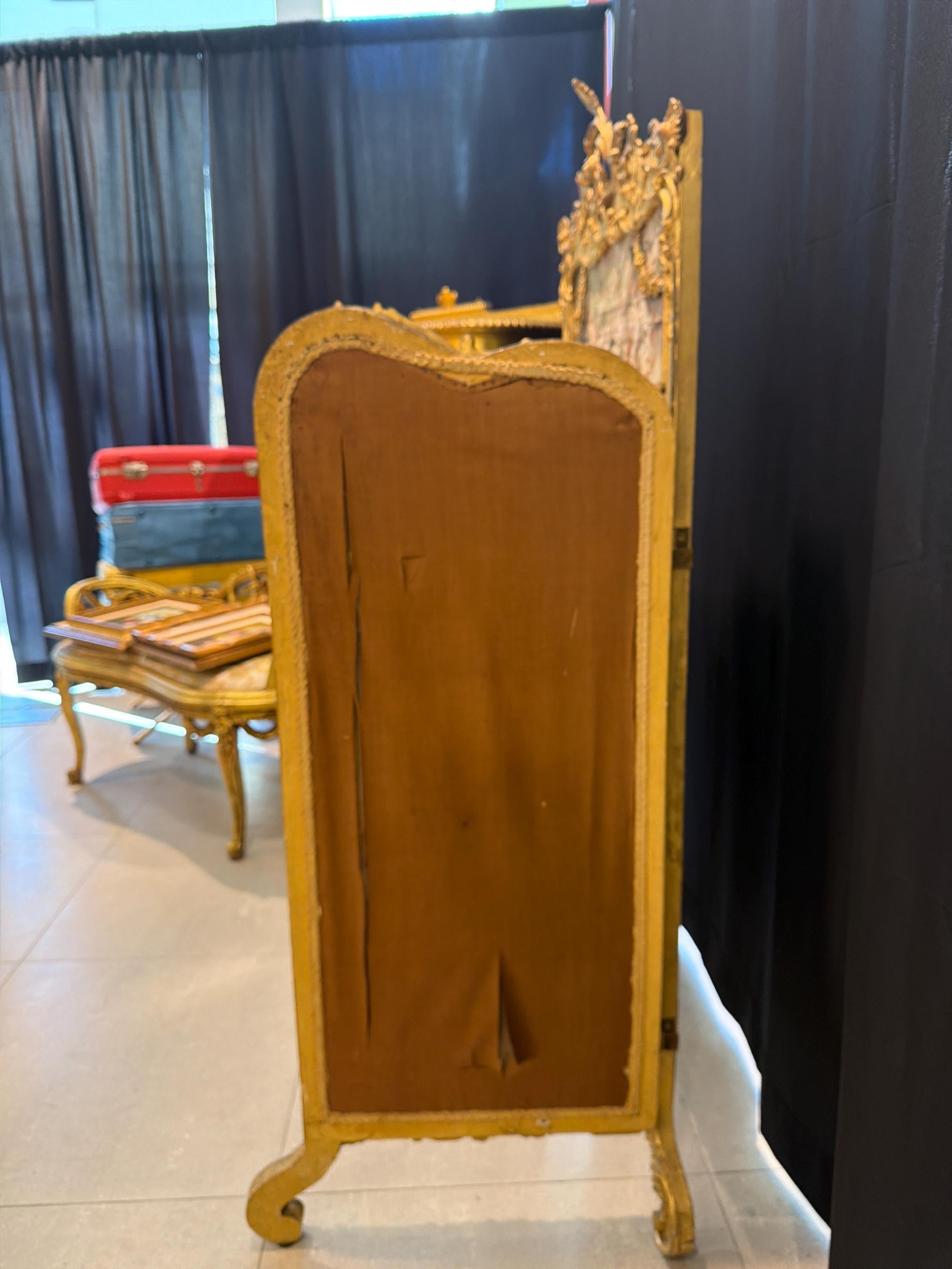 Antique French Rococo Folding Screen: Hand-Painted Silk Panels, Gilt Wood Louis XV Style