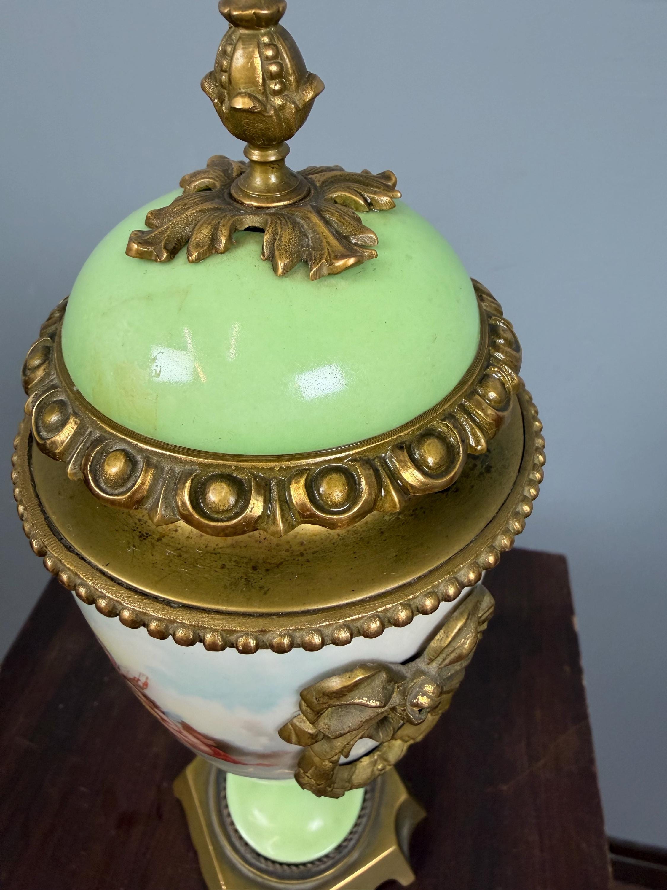 Antique French Porcelain Ormolu Lidded Urn Vase, Cherub Putti Painted Decorative Vase