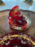 Bohemian Cranberry Glass Demitasse Cup Saucer Plate Set Gold Gilt Hand Painted Portrait Rococo Style Antique Display Tableware Décor