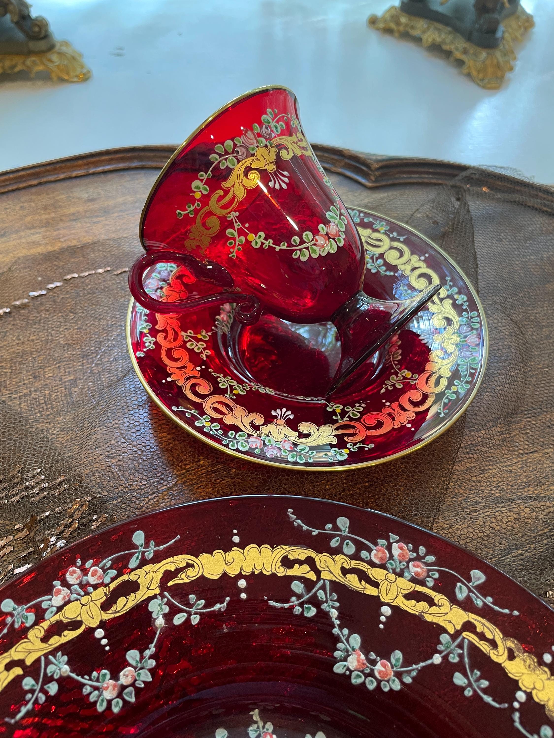 Bohemian Cranberry Glass Demitasse Cup Saucer Plate Set Gold Gilt Hand Painted Portrait Rococo Style Antique Display Tableware Décor