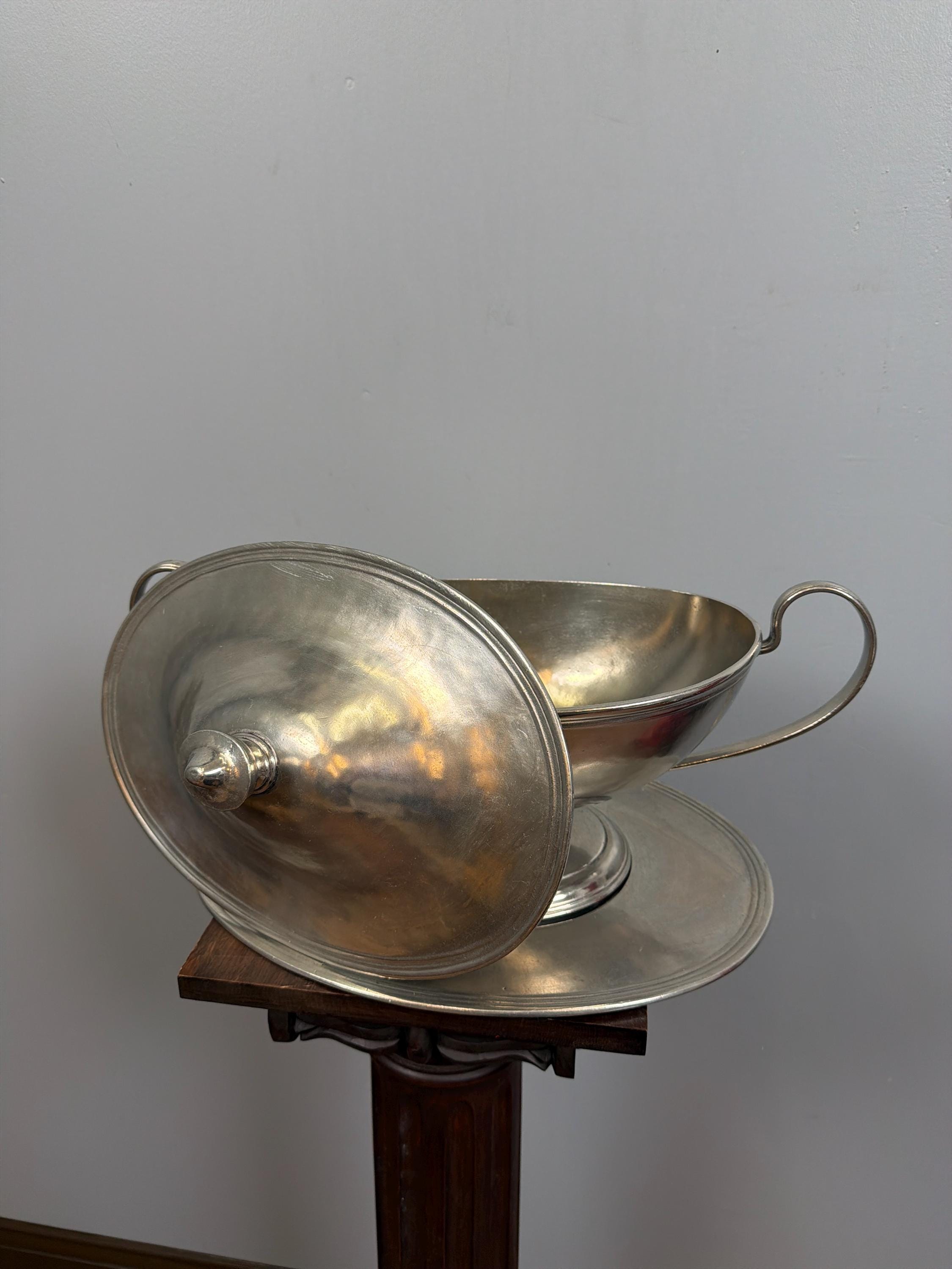 Vintage French Silver Plate Tureen With Underplate, Double Handle Serving Dish
