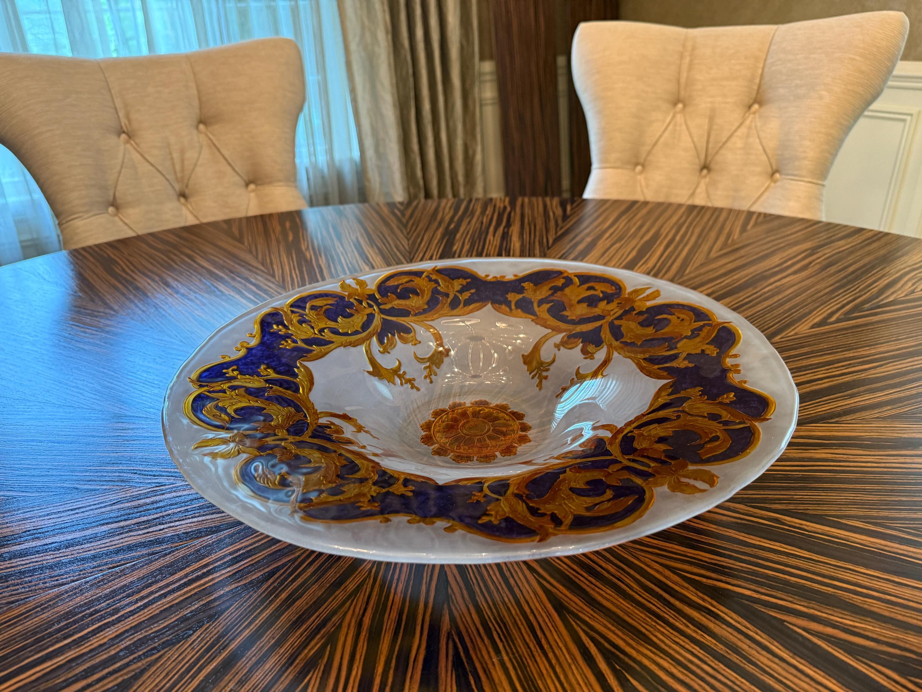 Vintage Glass Versace Style Gold & Cobalt Blue Decorative Centerpiece Serving Plate  Glass Centerpiece Bowl  Elegant Home Decor 18.5" 3.5"