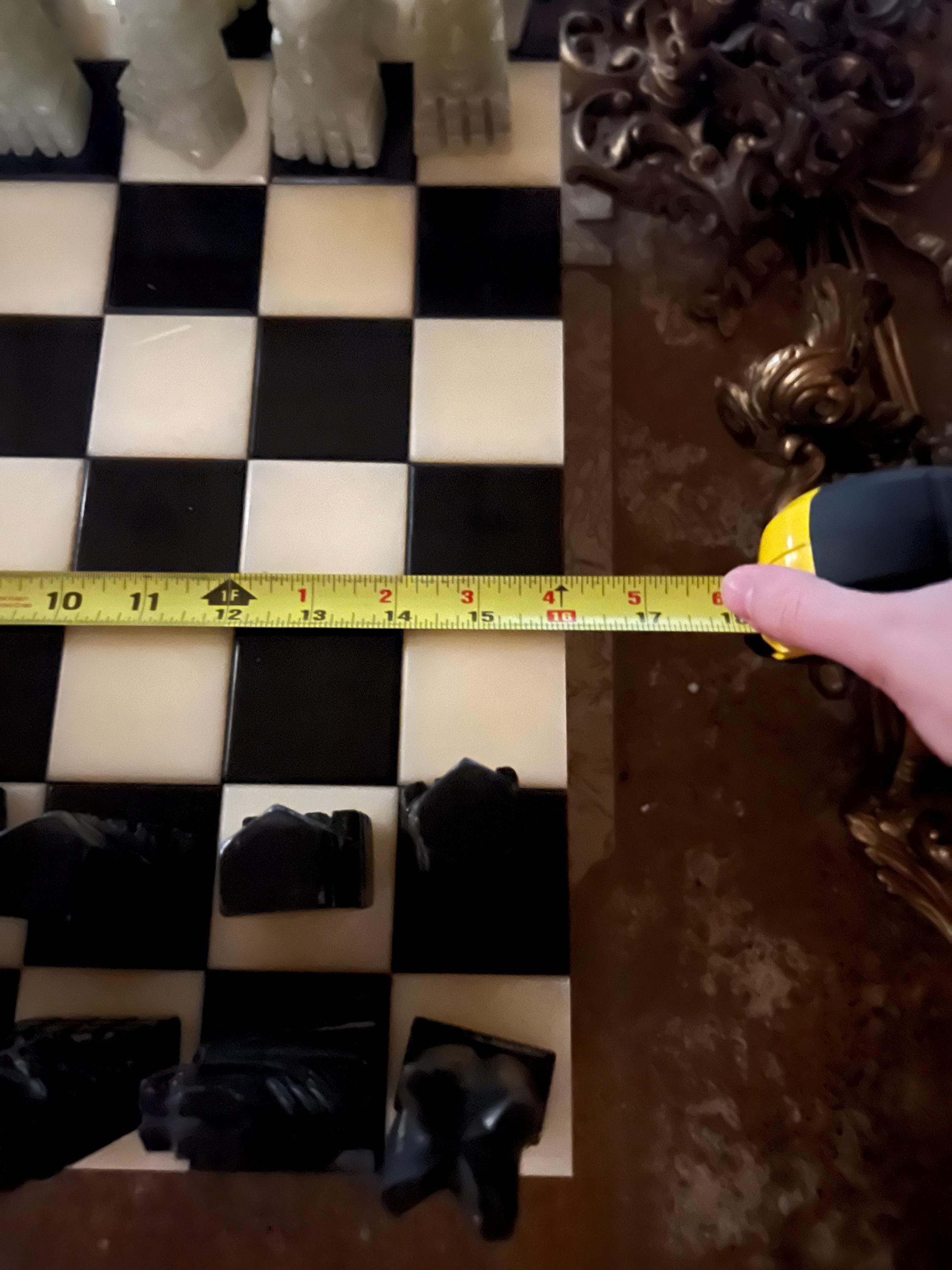 Vintage Hand Carved Onyx Marble Chess Set Complete Mid Century Modern Black White Board Unique Game Room Decor Statement Display Piece