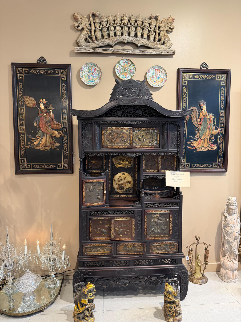 Antique Japanese Meiji Cabinet: Hand Carved Wood Birds, Floral Panels, Gilt Detail