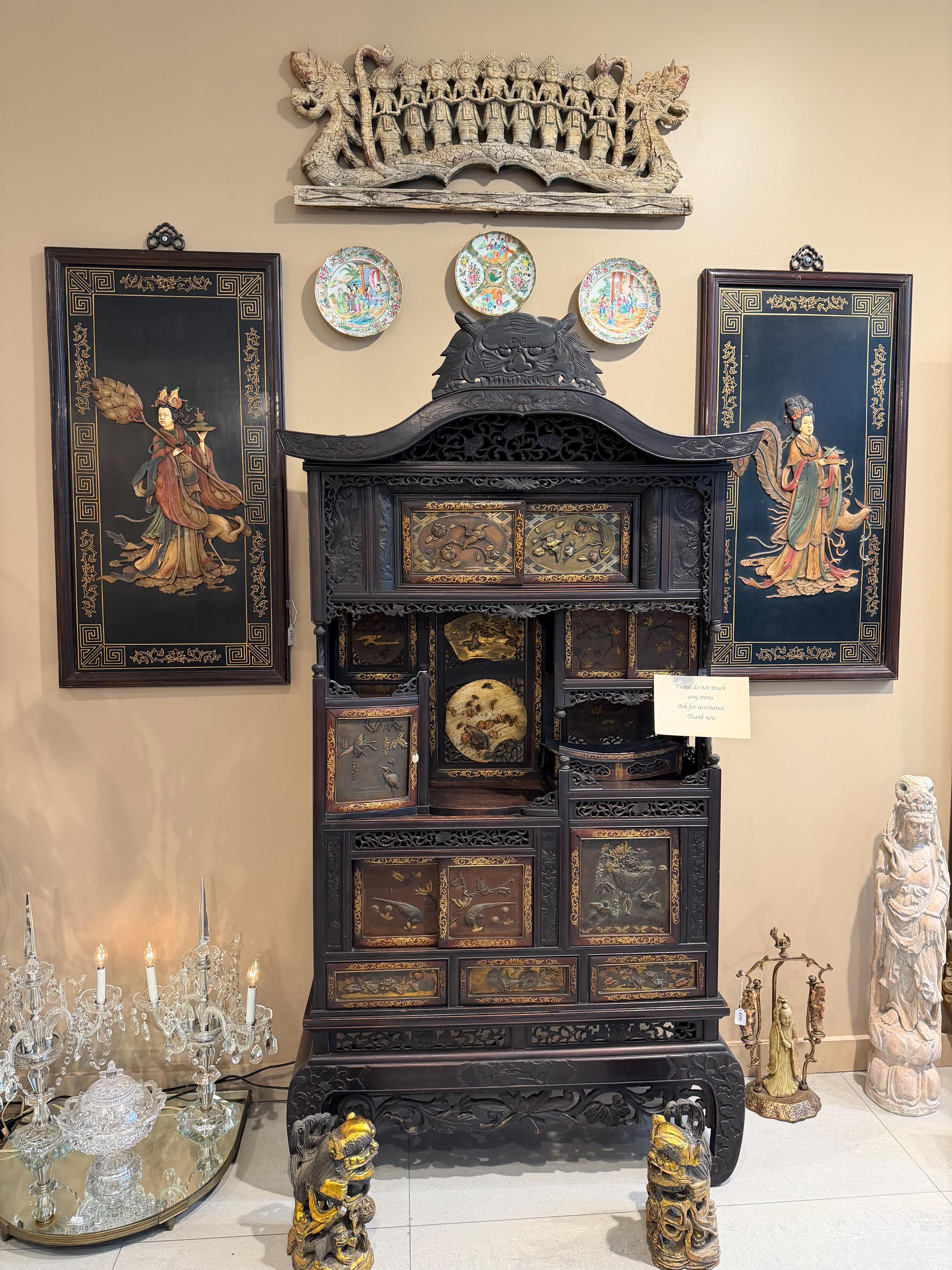 Antique Japanese Meiji Cabinet: Hand Carved Wood Birds, Floral Panels, Gilt Detail