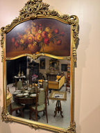 Antique French Rococo Style Gilt Wood Trumeau Mirror with Hand-Painted Floral Panel