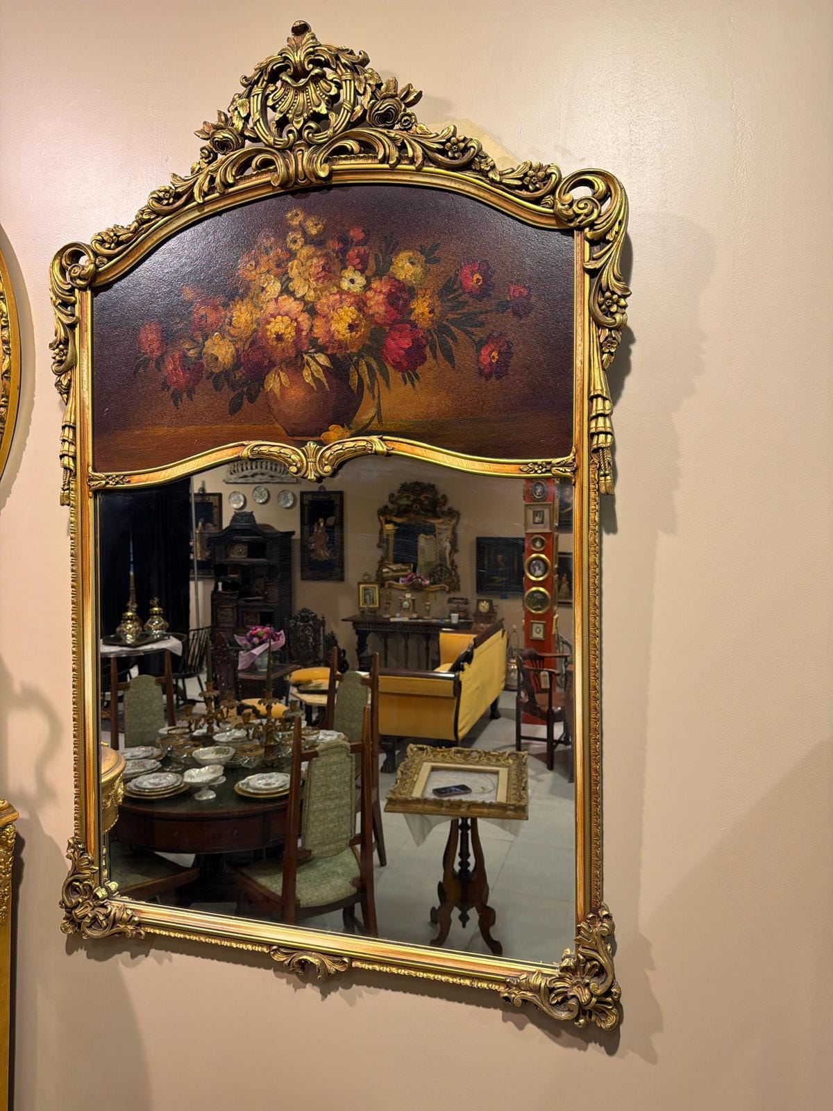 Antique French Rococo Style Gilt Wood Trumeau Mirror with Hand-Painted Floral Panel