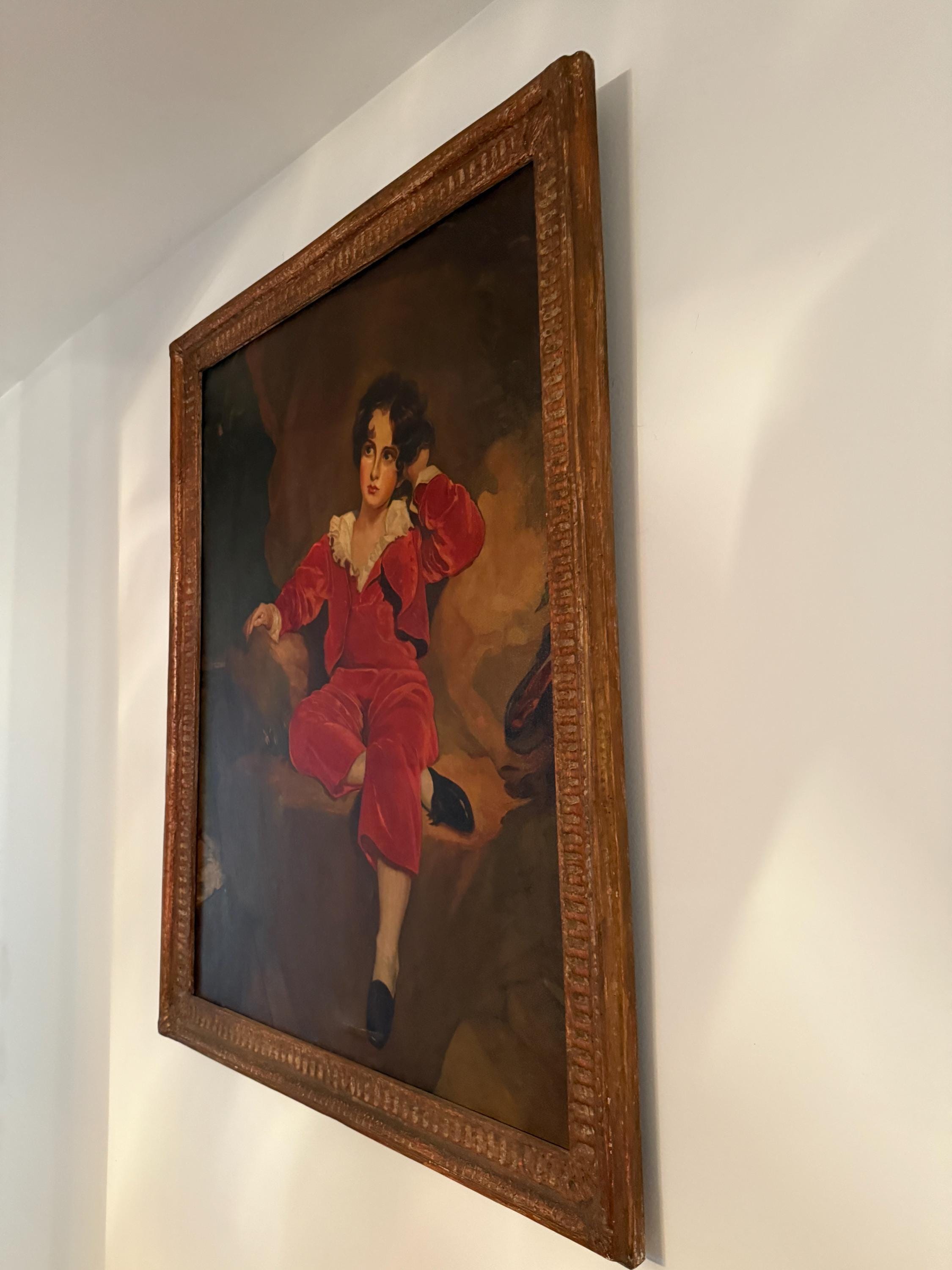 Antique Oil Painting of a Young Boy Red Large Framed Portrait 19th C English Style Rare Impressive Artwork Thomas Lawrence Inspired Wall Art