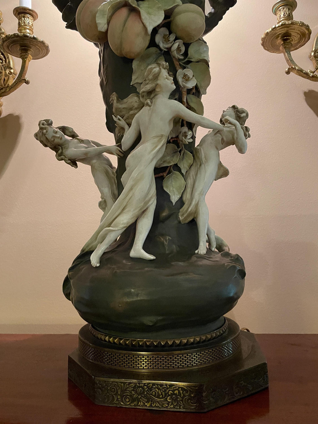 Art Nouveau German Porcelain Nymphs Figural Large Lamp