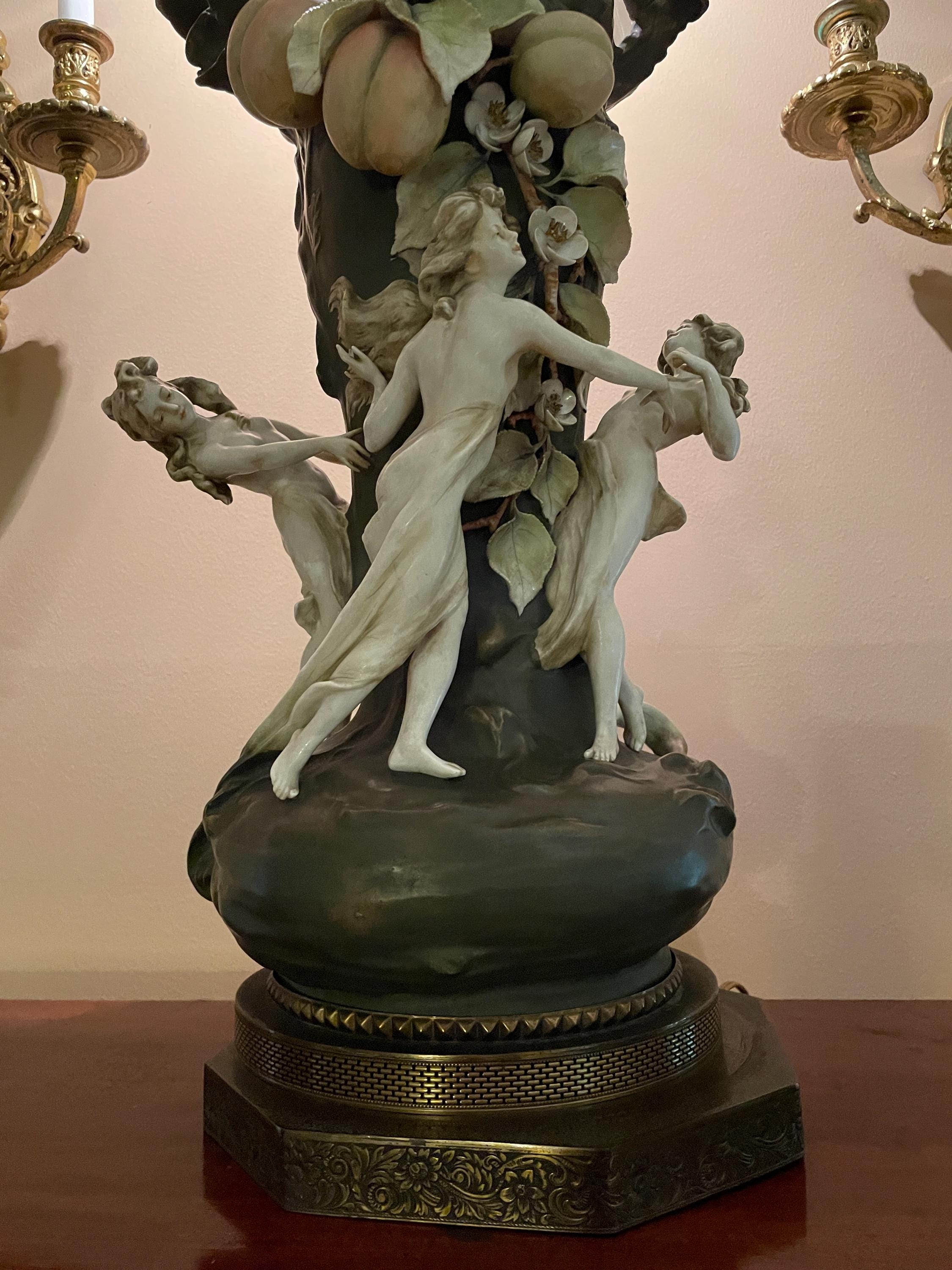 Art Nouveau German Porcelain Nymphs Figural Large Lamp