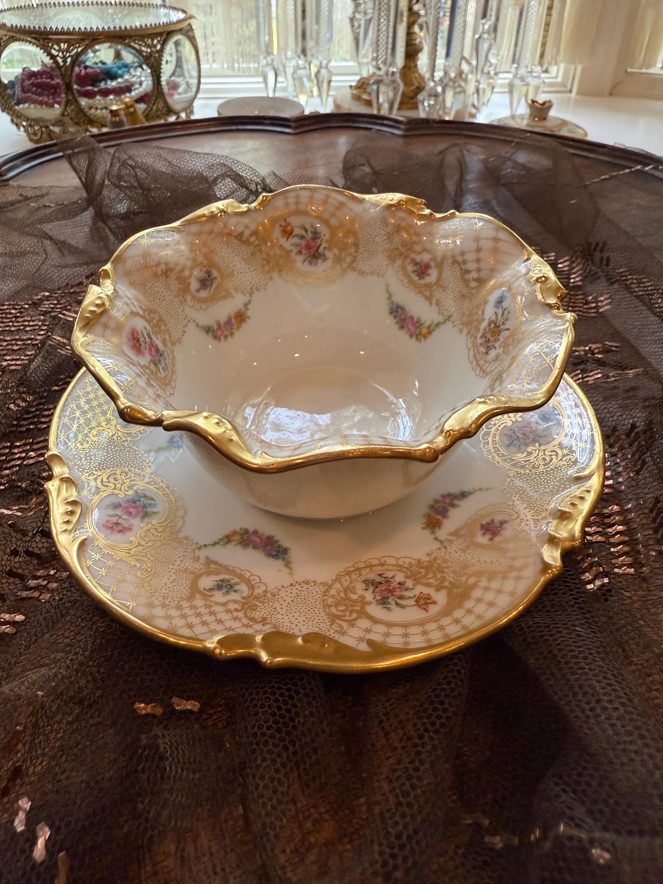 Antique French Limoges Porcelain Bowl Attached Underplate One-Piece Bowl Saucer Hand Painted Roses & Gold Gilt Serving Dish fixed Under-tray