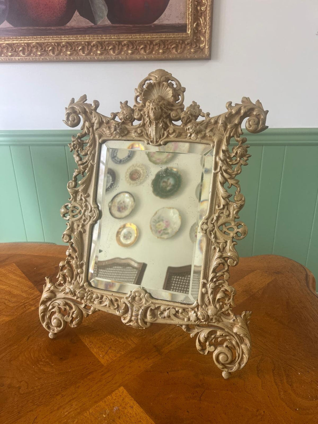Antique Baroque Style Ornate Table Mirror Victorian Cast Metal Frame Vanity Accent Piece Rococo French Revival Design Decoration Gift