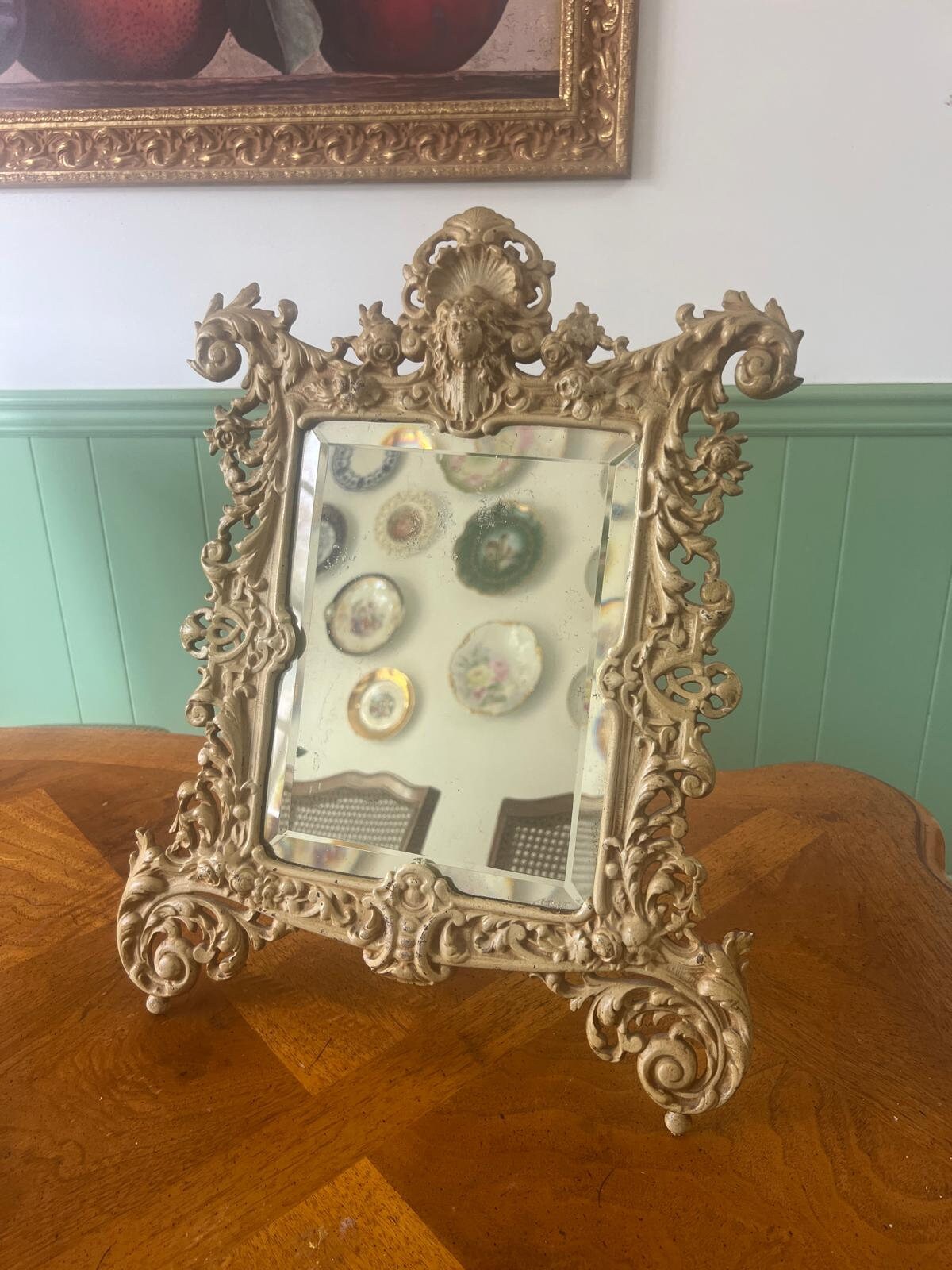 Antique Baroque Style Ornate Table Mirror Victorian Cast Metal Frame Vanity Accent Piece Rococo French Revival Design Decoration Gift