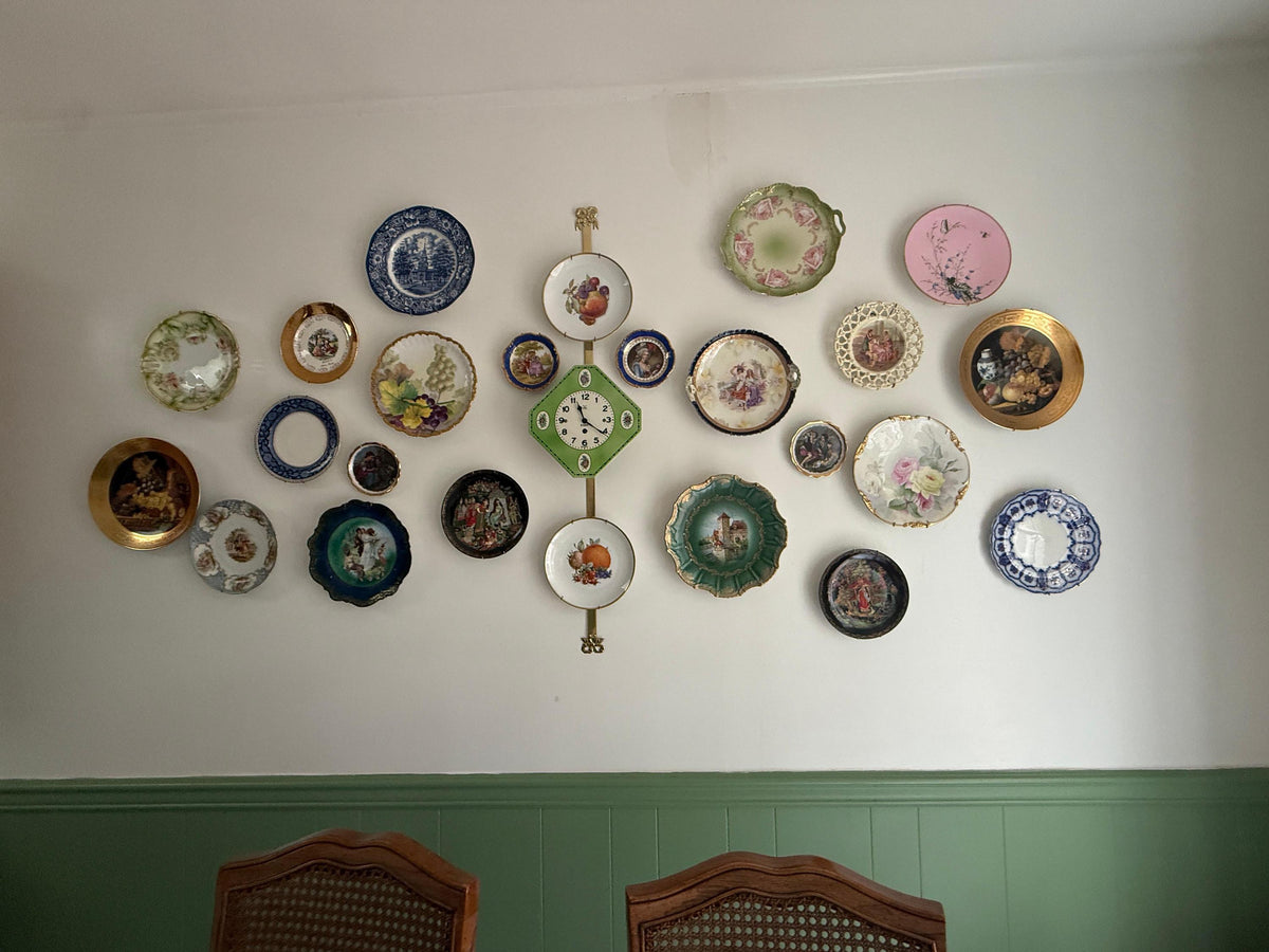 Antique German 8-Day Mechanical  Wall Clock with Floral Green Octagonal Porcelain Face, c. 1930s–1950s
