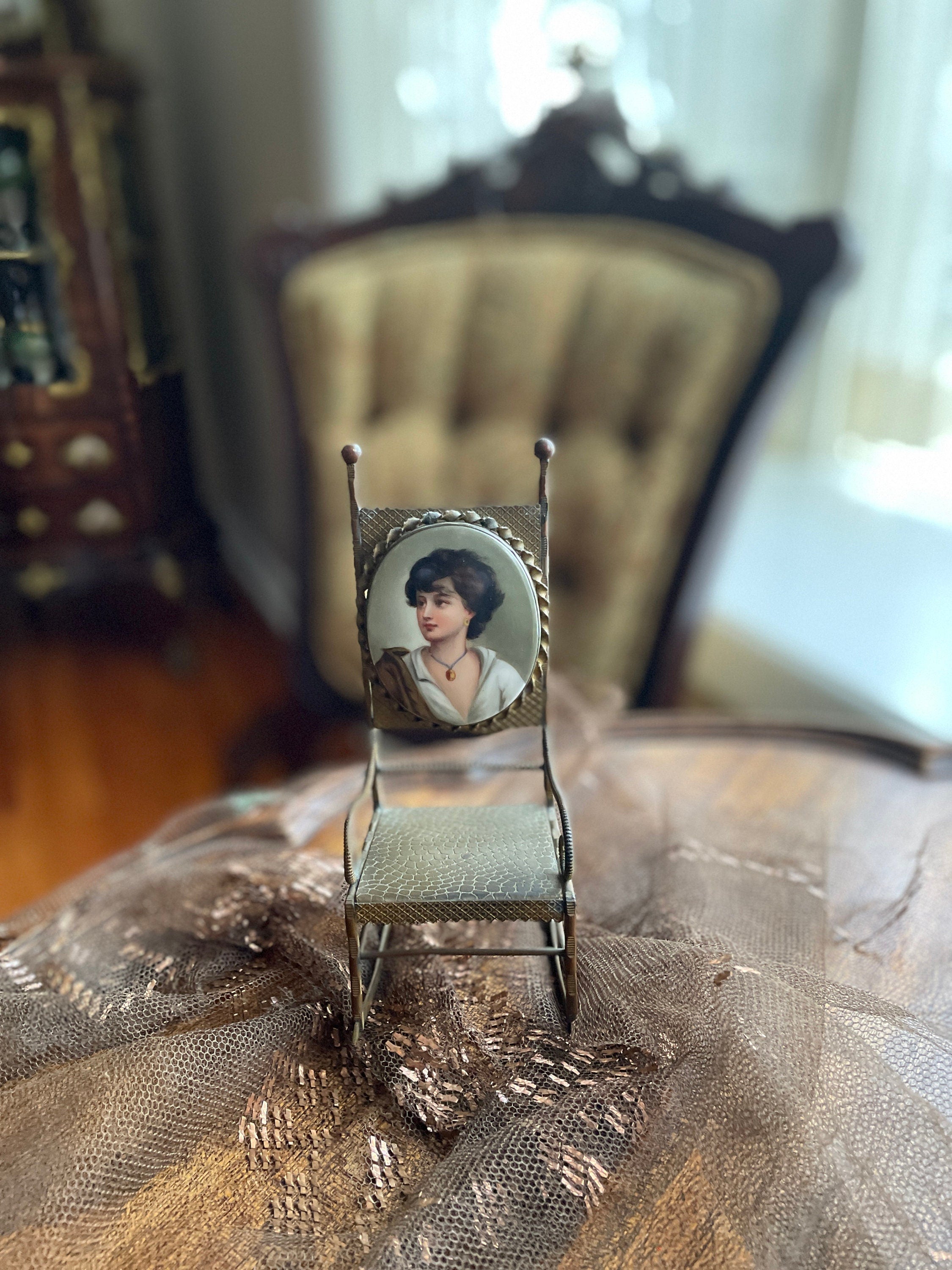 Antique Miniature Bronze Rocking Chair Portrait Enamel Backrest Ornate Victorian Display Chair Rare Collectible Home Decoration Piece