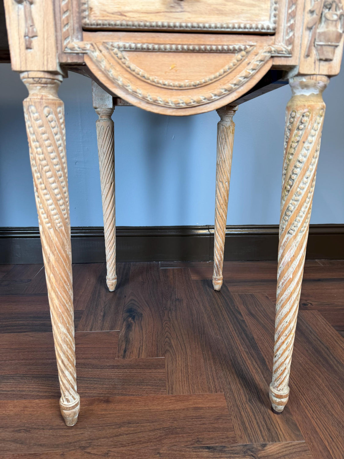 Vintage French Neoclassical Desk, Antiqued Mirrored Top, Carved Ribbon Detail, Fluted Legs