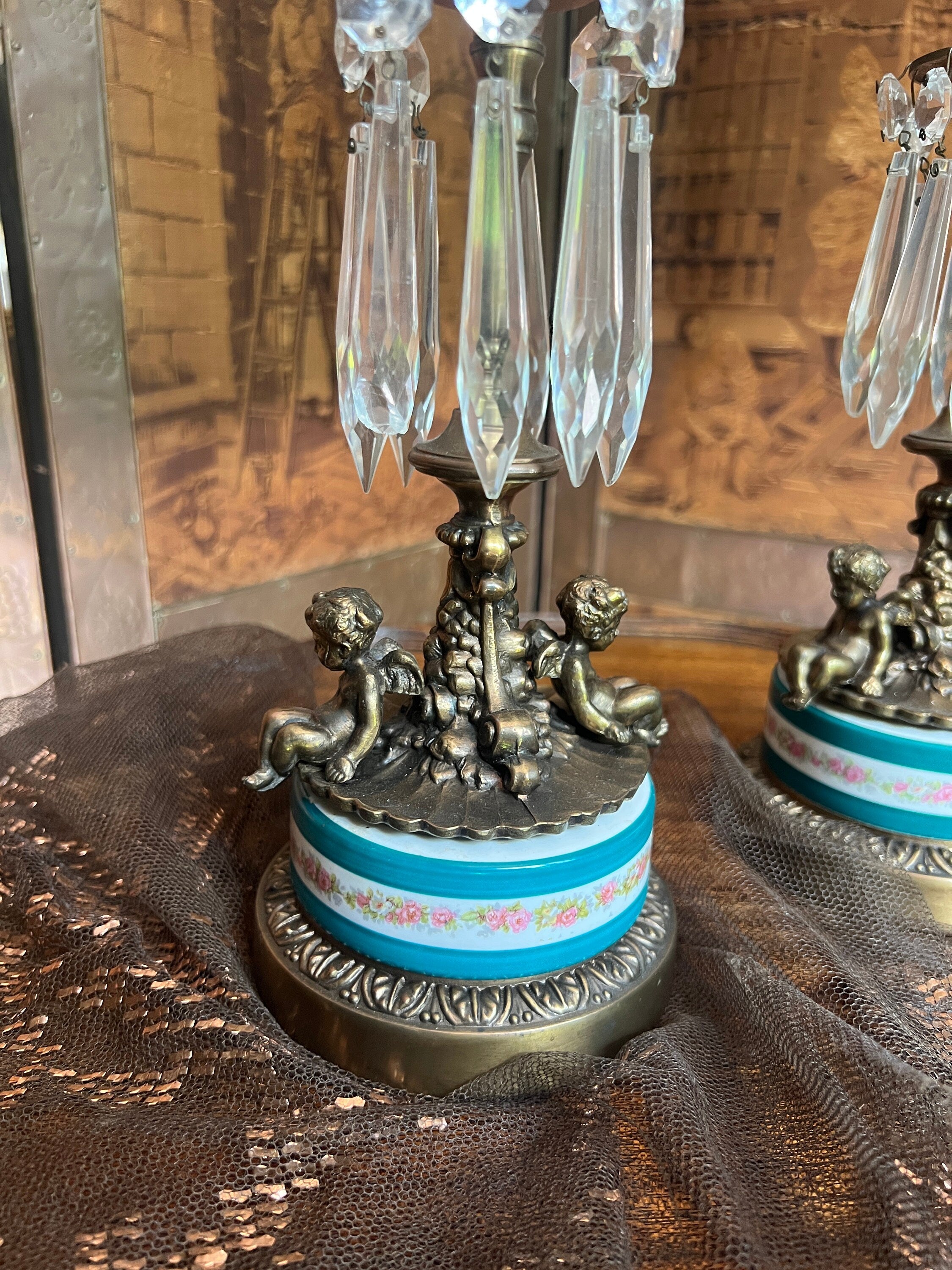 Antique Brass Cherub Candle Holders Crystal Prism Accents Porcelain Base Floral Band French Rococo Style Pair Romantic Shabby Chic Decor