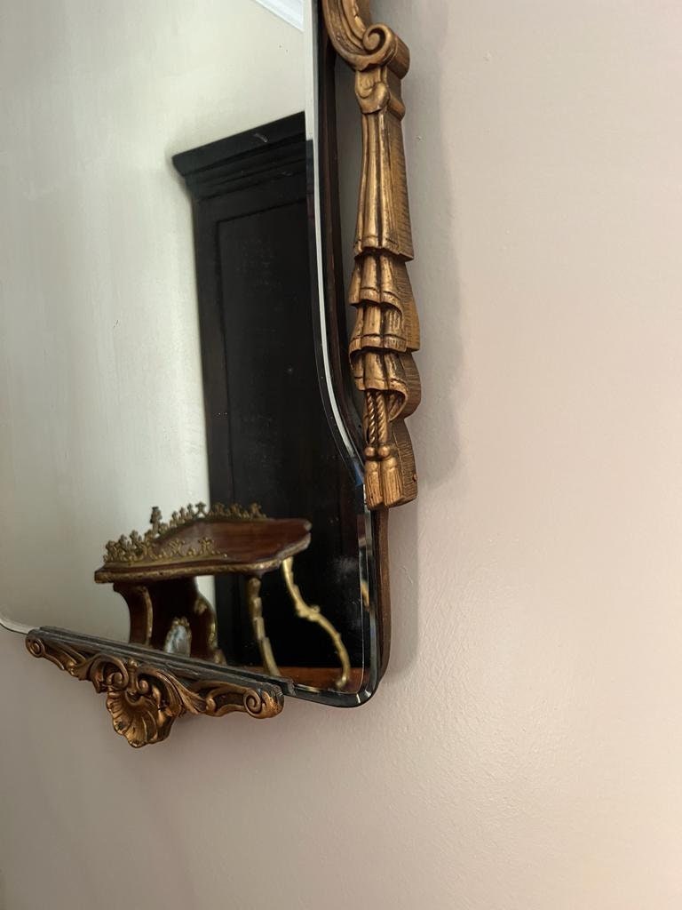 Antique Wall Mirror Victorian Style Ornate Frame Beveled Glass Portrait Detail Rococo Decor Hanging Mirror Carved Wood Gold Finish Accent