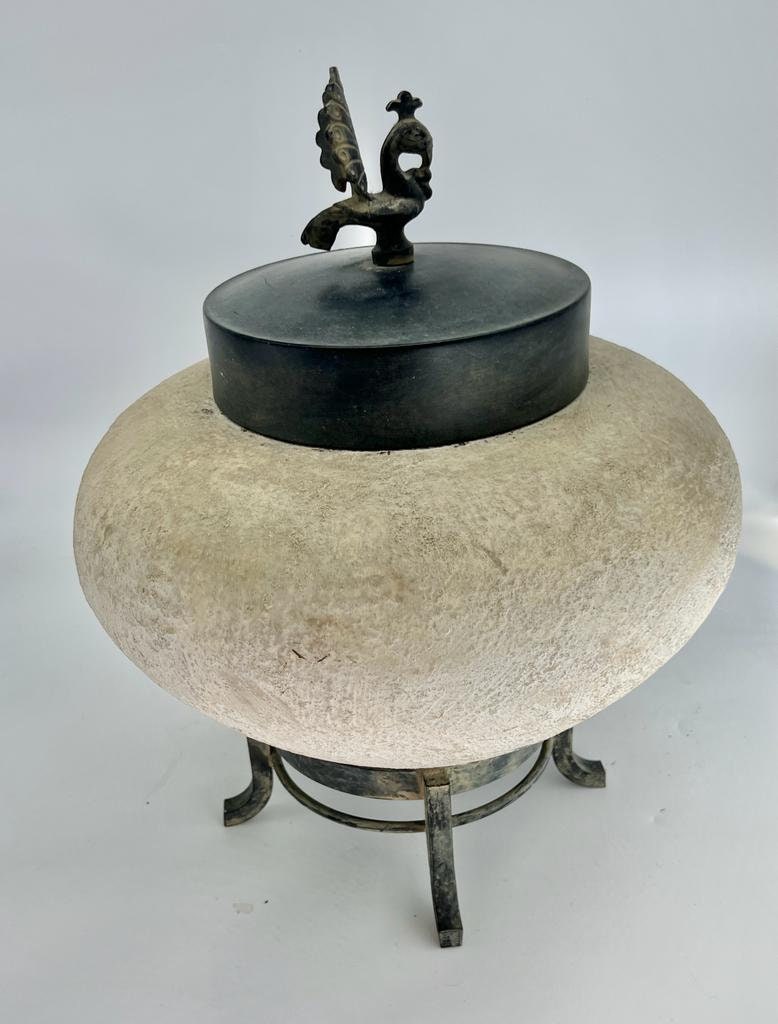 Vintage Stone Pot Bronze Lid Rooster Handle Rustic Handmade Clay Jar Decorative Lidded Vessel Collectible Farmhouse Primitive Decoration