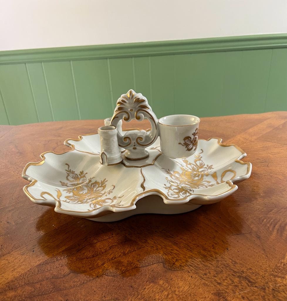 Vintage Hand Painted Porcelain Vanity Tray Rococo Style Handle Floral Design Gold Trim Brush Holder Cup Elegant Victorian Bathroom Decor