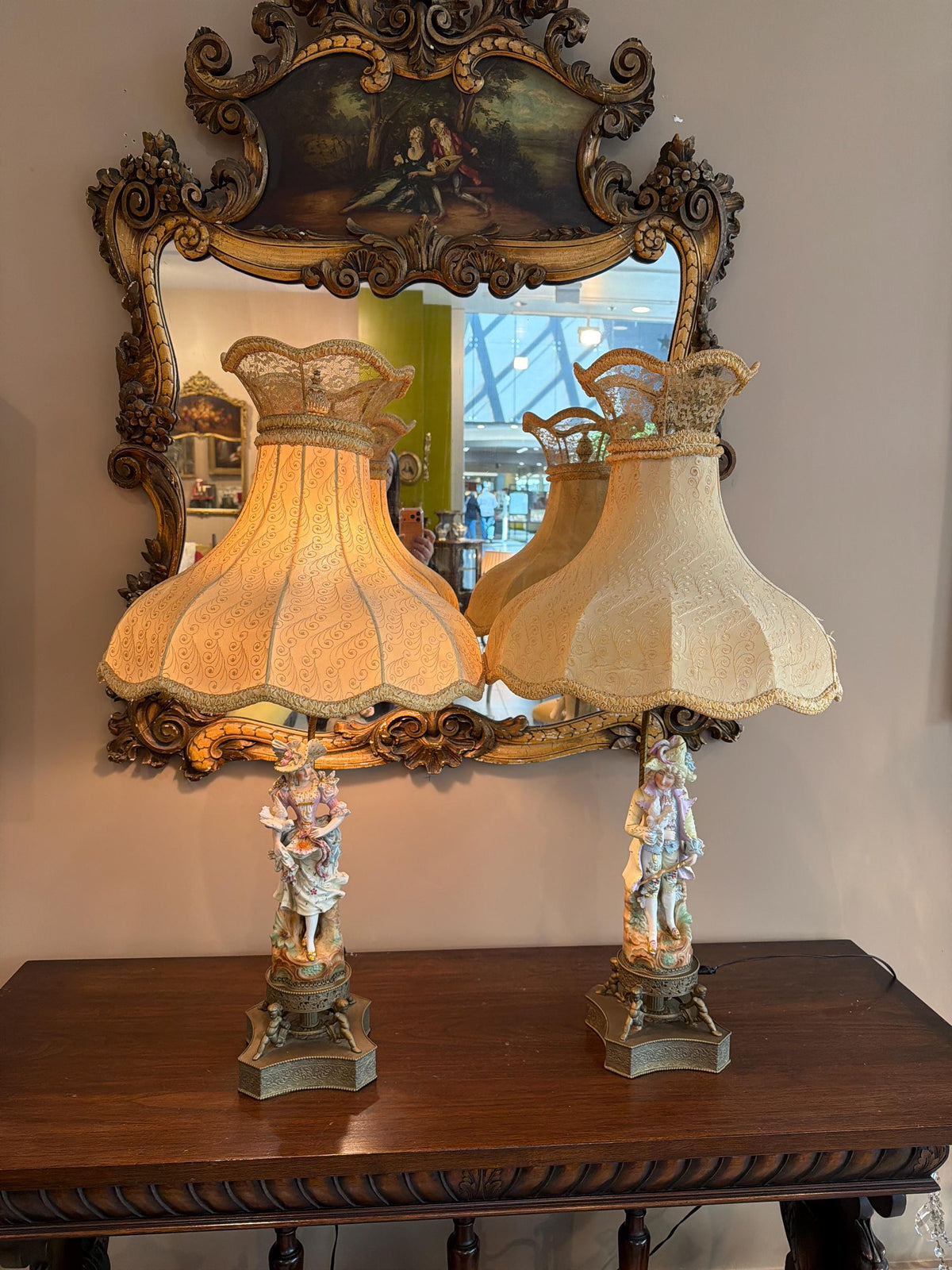 Pair Vintage Porcelain Figural Lamps Rococo Style Cherub Base Ornate Metal Table Lamps French Style Boudoir Lighting