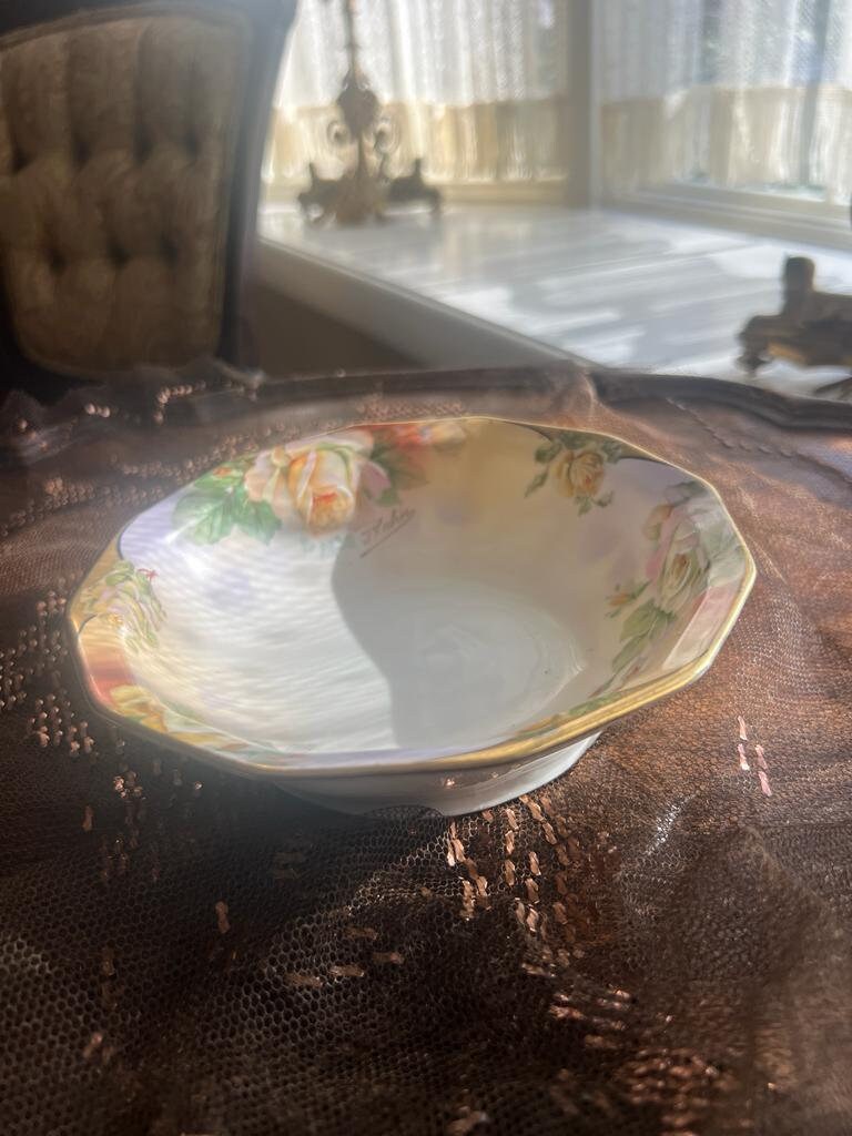 Vintage Hand Painted Porcelain Floral Bowl Pink Rose Design Scalloped Edge Gold Rim Cottagecore Home Decor Antique Style Collectible Dish