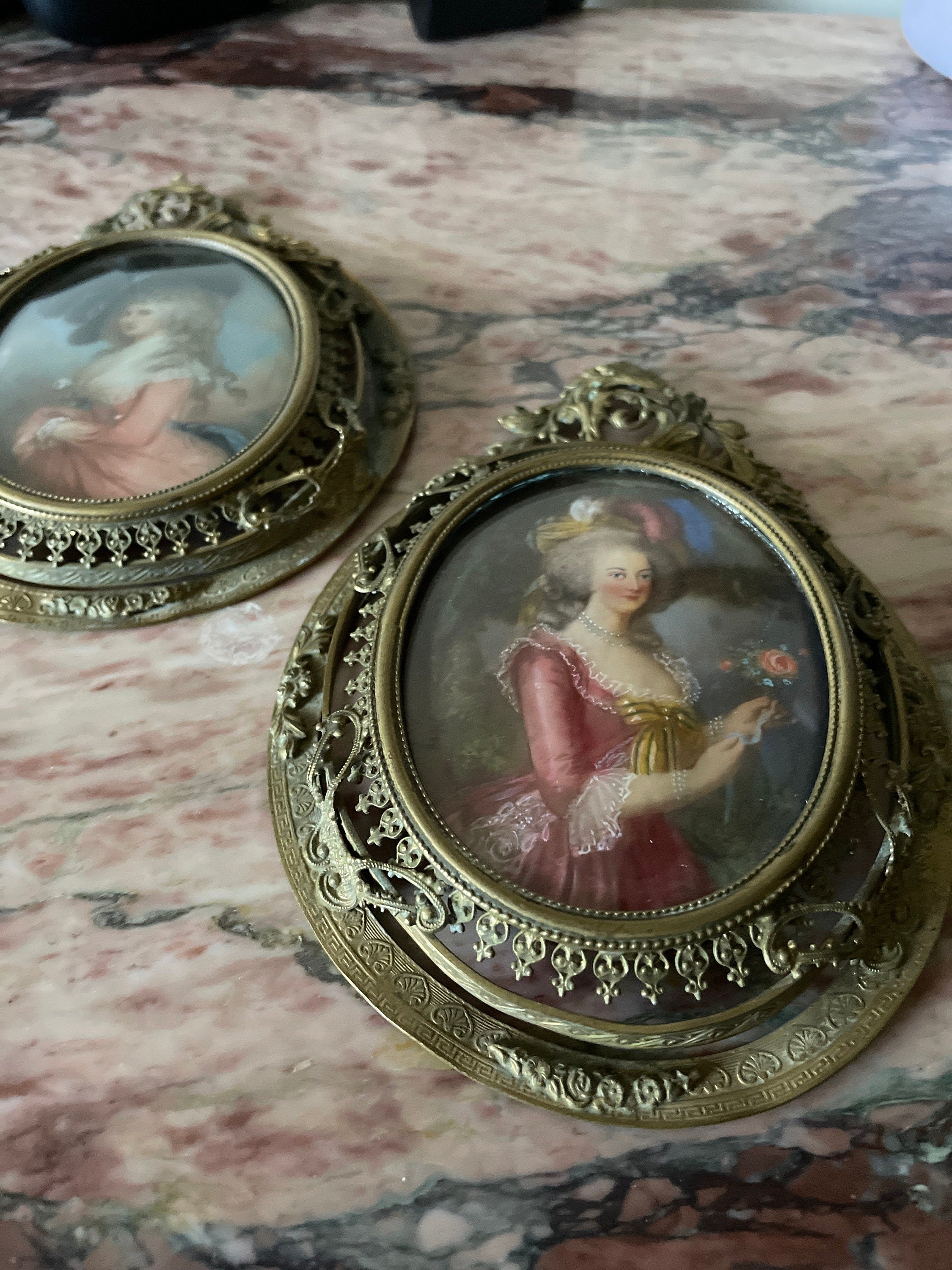 Romantic Antique French Style Portrait Miniatures Set of Two Hand Painted in Ornate Brass Frames 18th Century Rococo Wall Art Decor Gift