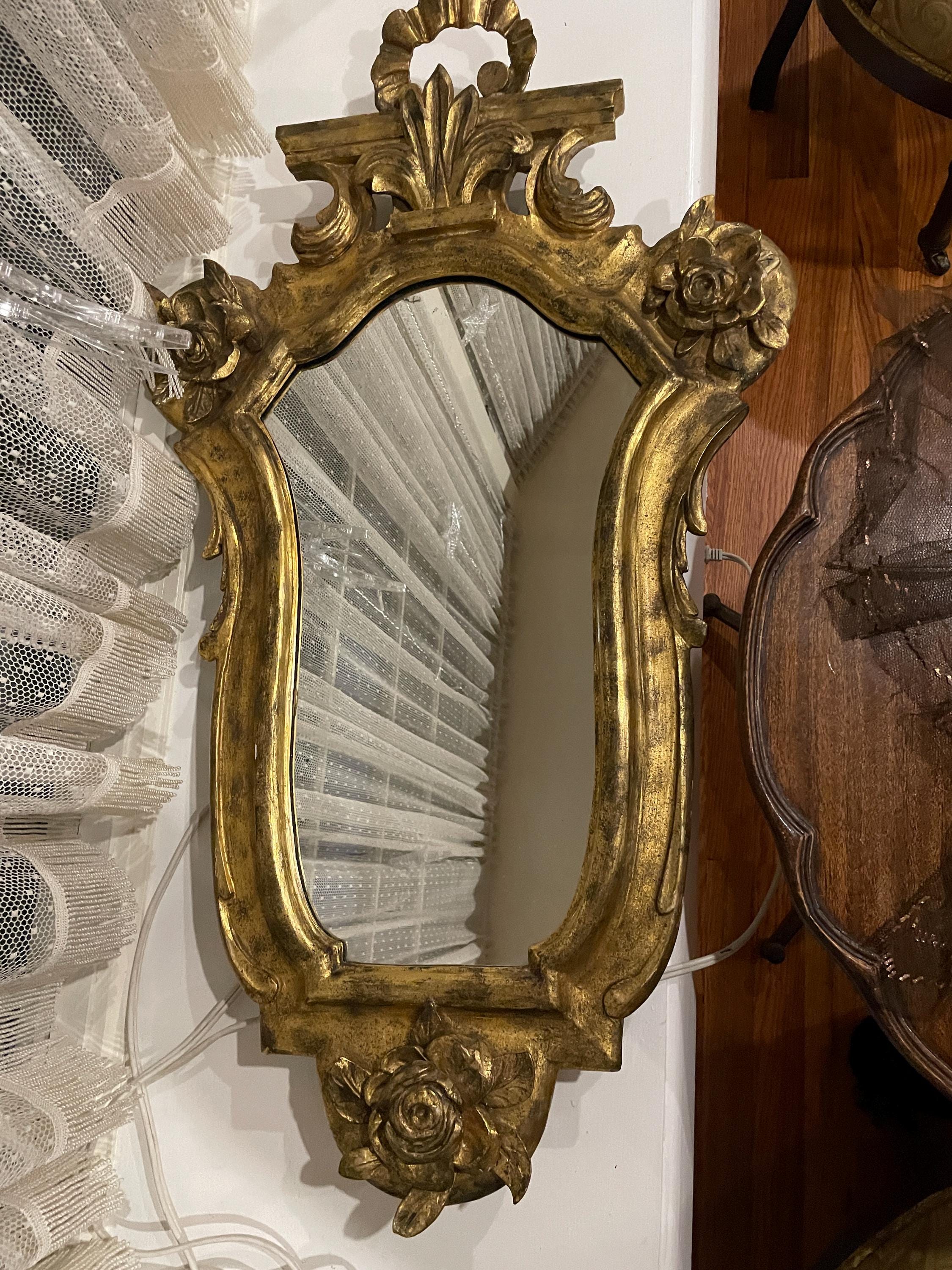 Antique Italian Giltwood Wall Mirror Floral Carved Ribbon Crest Oval Mirror Rococo Style Elegant Accent Vintage Gold Leaf Hanging Mirror
