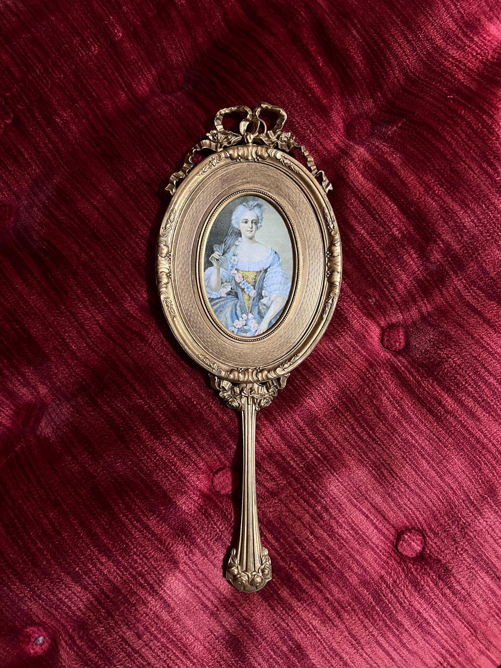 Victorian Style Brass Hand Mirror, Marie Antoinette Portrait, Rococo Decor