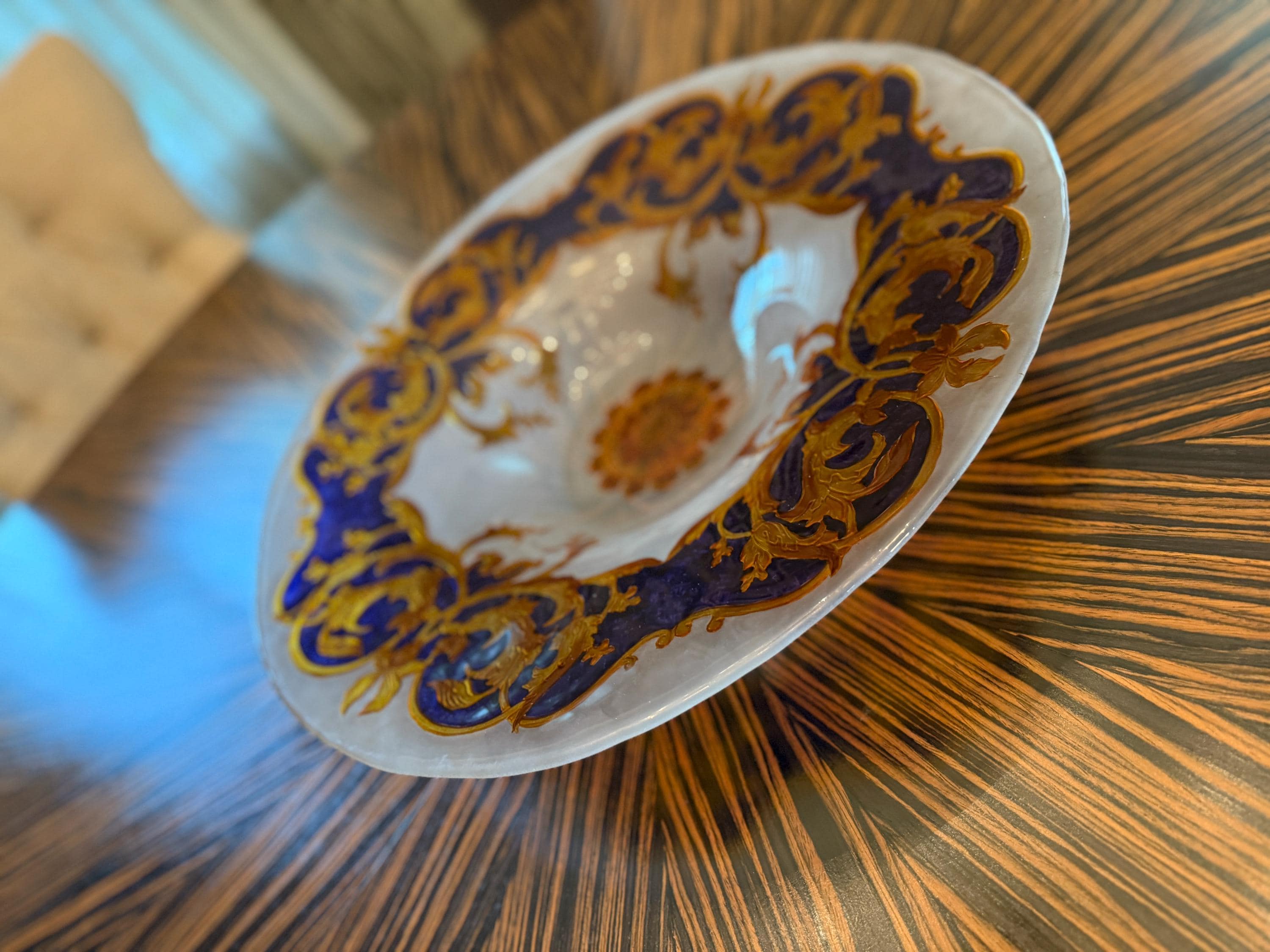 Vintage Glass Versace Style Gold & Cobalt Blue Decorative Centerpiece Serving Plate  Glass Centerpiece Bowl  Elegant Home Decor 18.5" 3.5"