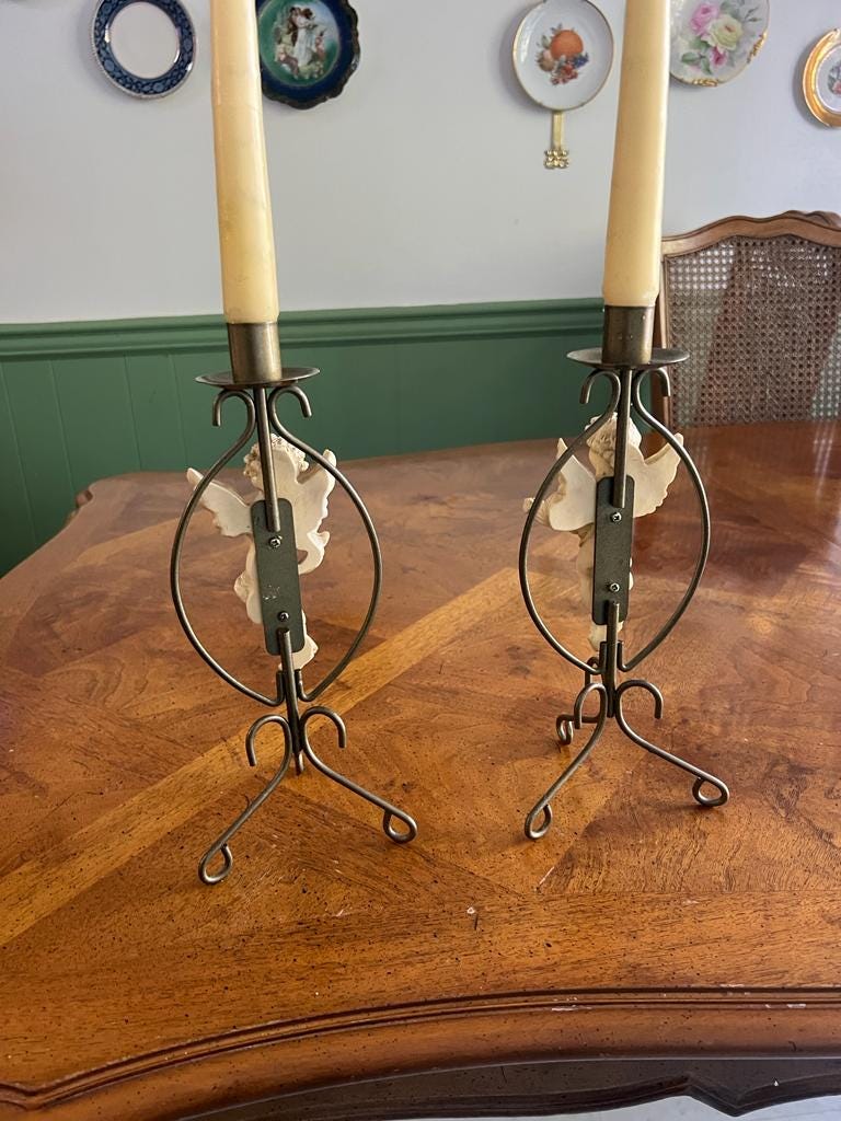 Pair of Vintage Metal Cherub Design Candlesticks Candleholder
