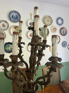 1800s Antique Gilt Ornate Brass 9 Light Italian Candelabra Electrified on Marble Stand
