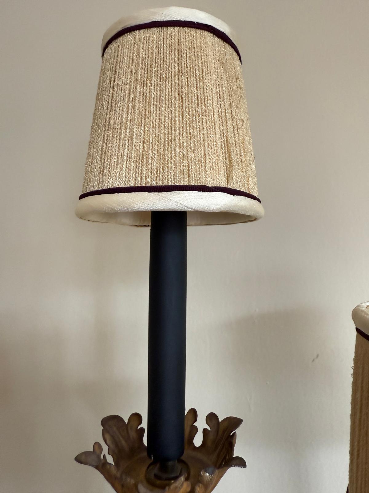 Vintage Wrought Gold Black Iron Electric Candelabra Floral Scroll Base Table Lamp Beige Burlap Shades 3 Lights Ornate Lamp & Shades Elegant