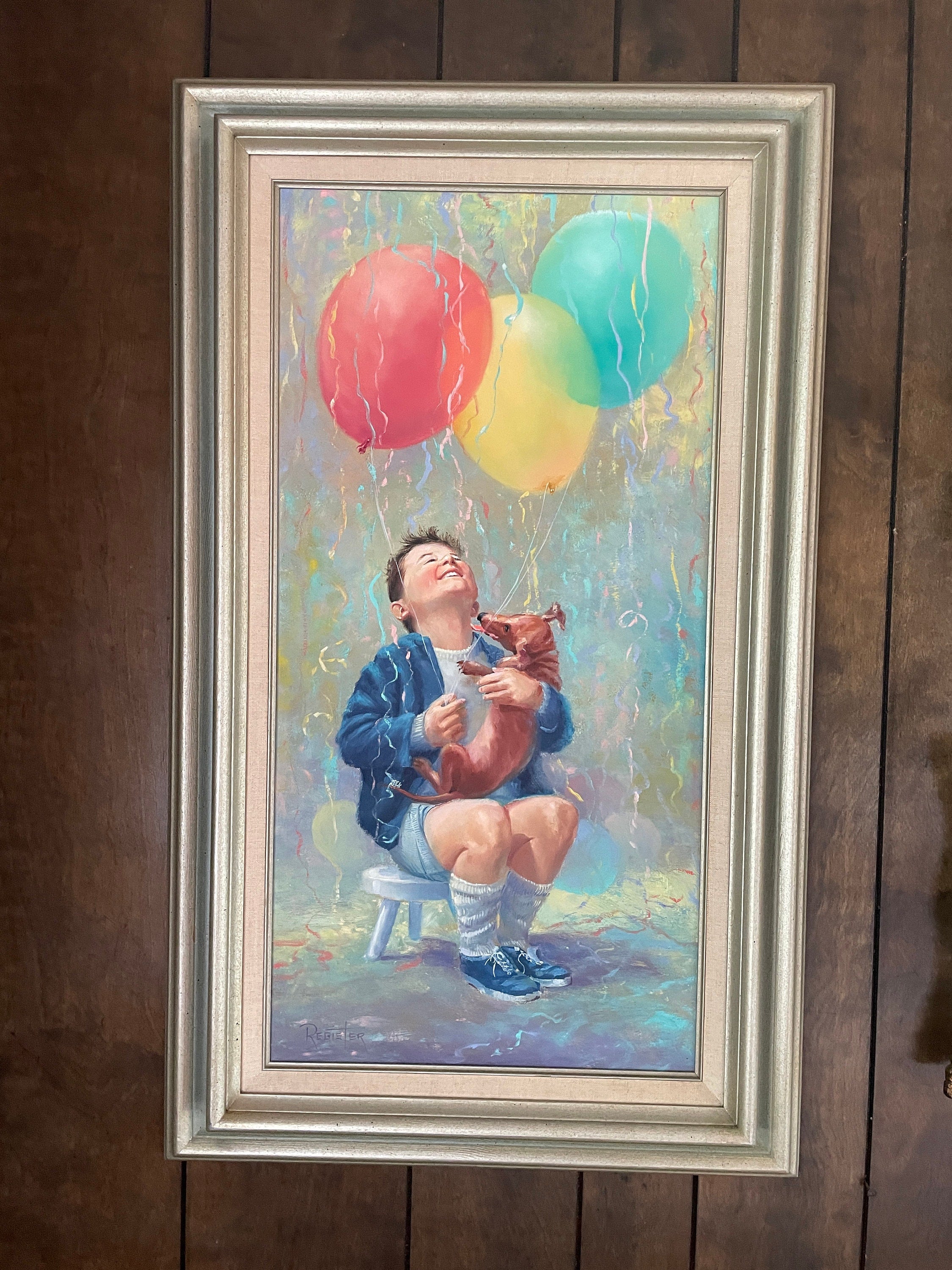 Vintage Painting Boy with Balloons and Puppy Whimsical Wall Original Oil Painting Reinter Signed. Decorative Wall Art 1950s Wall Art 35" 21"