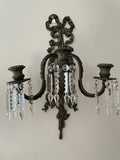 Pair of Antique 19th Century French Bronze Cut Crystal Prism 3 Arm Candlestick Wall Sconces Candelabra