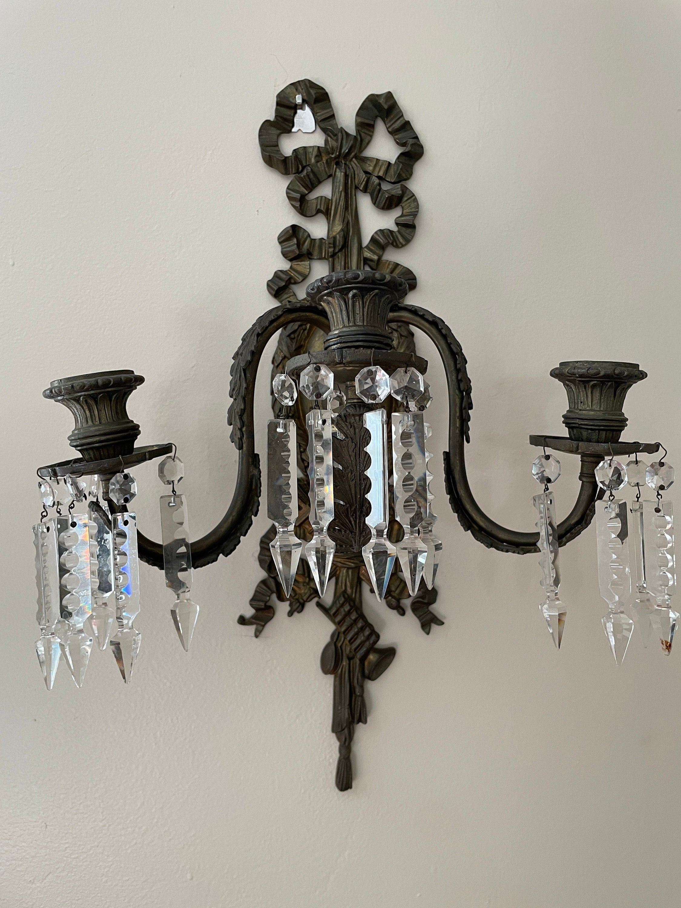 Pair of Antique 19th Century French Bronze Cut Crystal Prism 3 Arm Candlestick Wall Sconces Candelabra