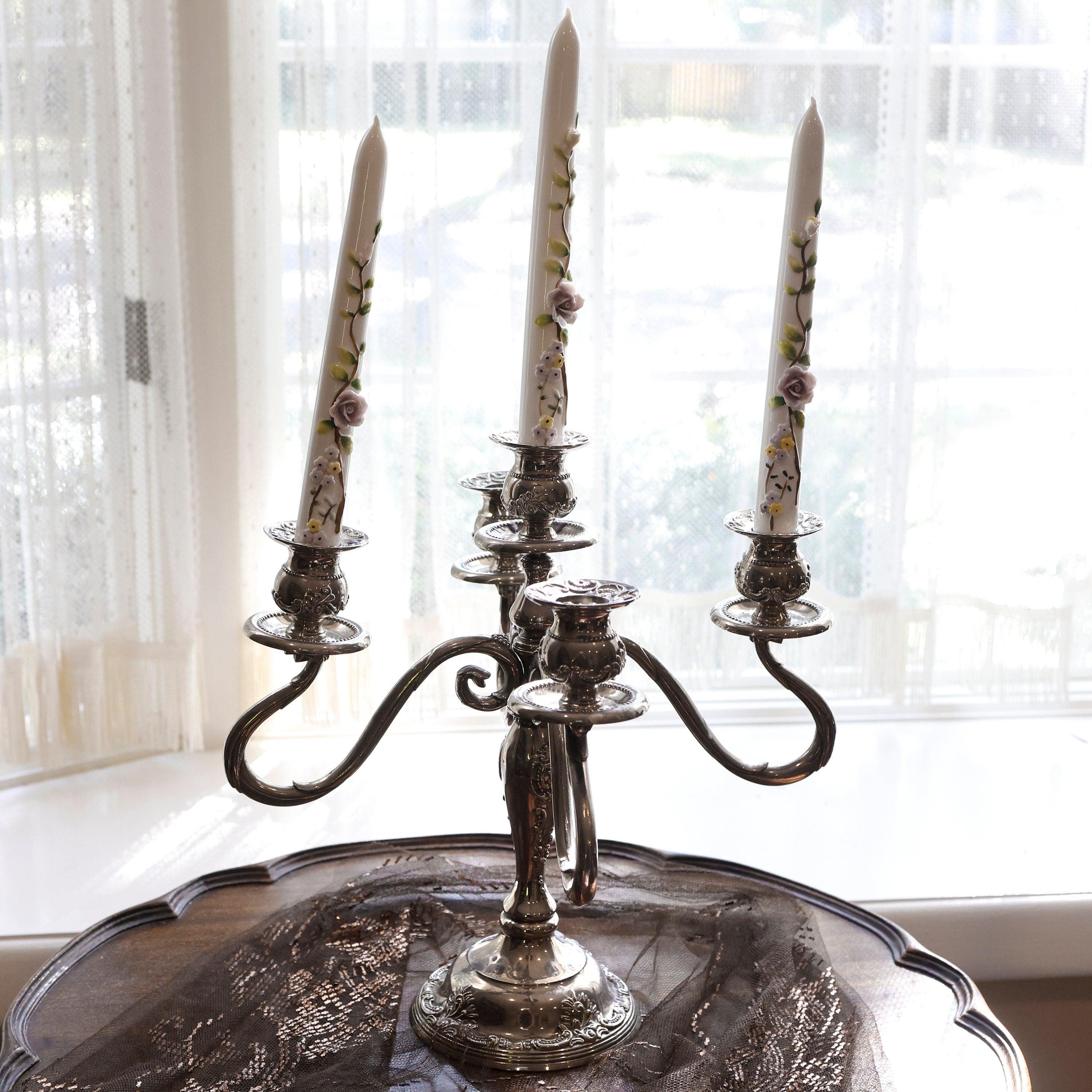 Vintage Ornate Silver Candelabra Five Arm Rococo Style Table Centerpiece Candle Holder Elegant Classic Home Decoration Baroque Charm Antique