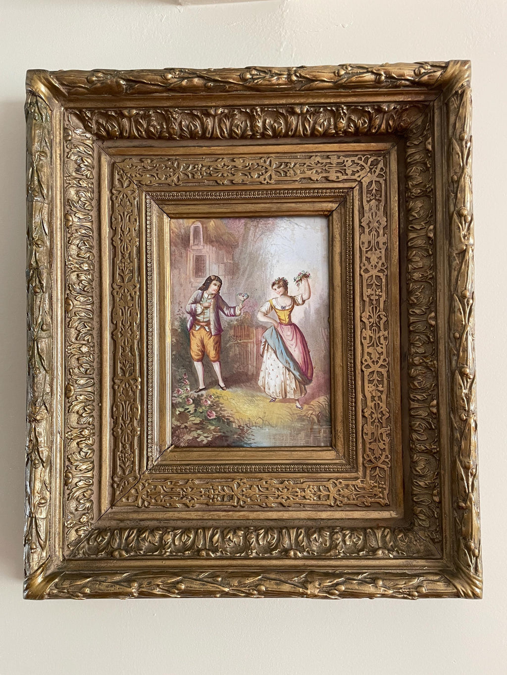 Antique Hand-Painted Romantic Scene Ornate Gold Gilt Frame 19th Century Wall Art Original Artwork Antique European Style Collectible Art