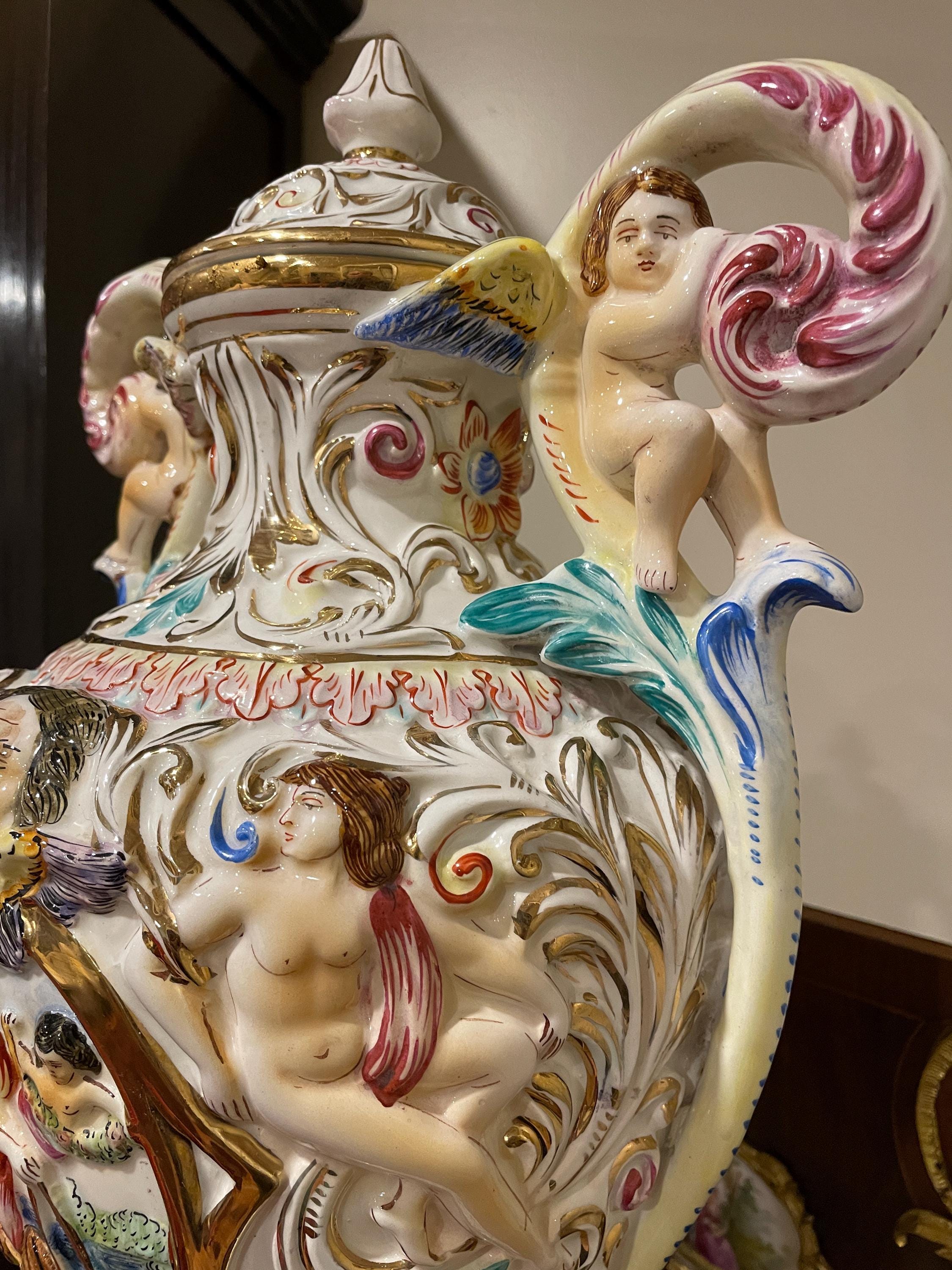 Hand Painted Italian Capodimonte Urn Rococo Cherub Nude Relief Mythological Decoration Baroque Porcelain Centerpiece Collectible Masterpiece