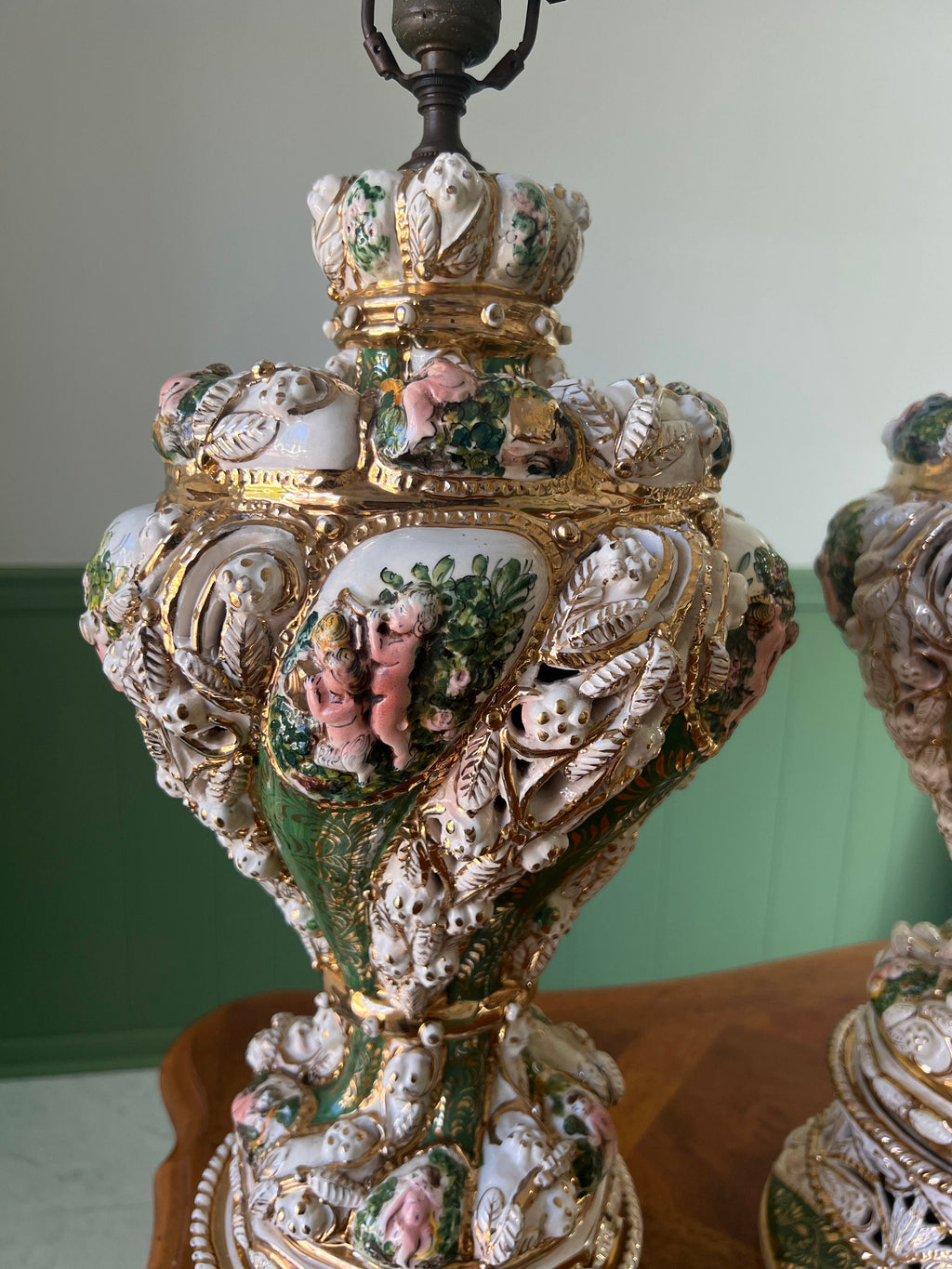 Pair Of Italian Baroque Style Cherub Porcelain Lamps Hand Painted Gilded Rococo Design Signed Brunocrafts Table Lighting Accent Decoration