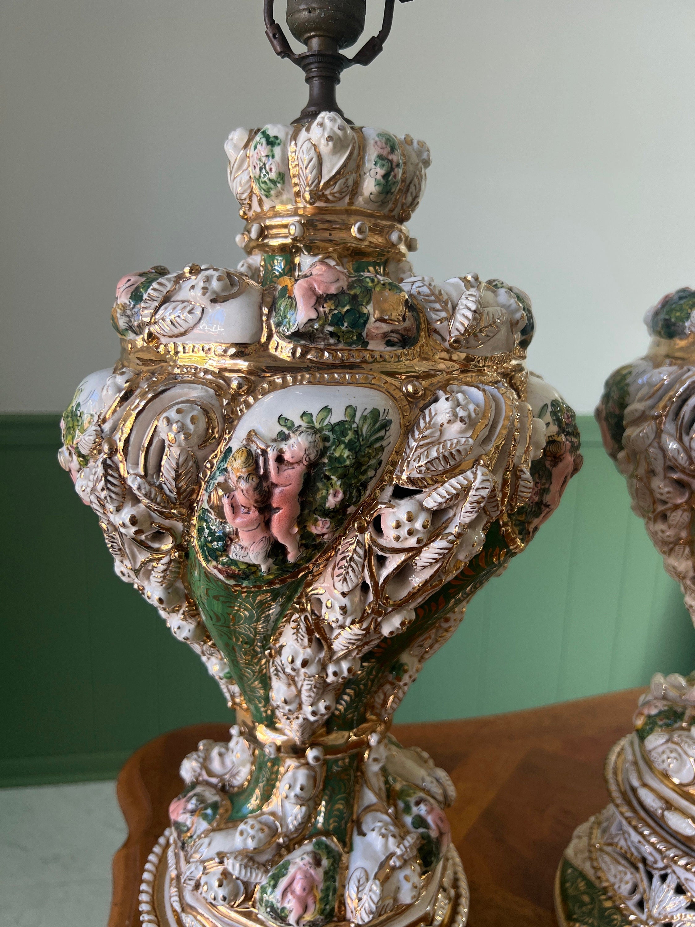 Pair Of Italian Baroque Style Cherub Porcelain Lamps Hand Painted Gilded Rococo Design Signed Brunocrafts Table Lighting Accent Decoration