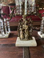 Antique Set of 3 Victorian Bronze Candlestick Girandole  Figural Ornate Crystal Prism  Marble Base Candleholder Mid 1800s