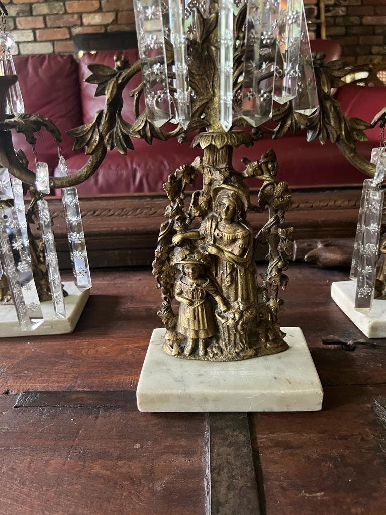 Antique Set of 3 Victorian Bronze Candlestick Girandole  Figural Ornate Crystal Prism  Marble Base Candleholder Mid 1800s