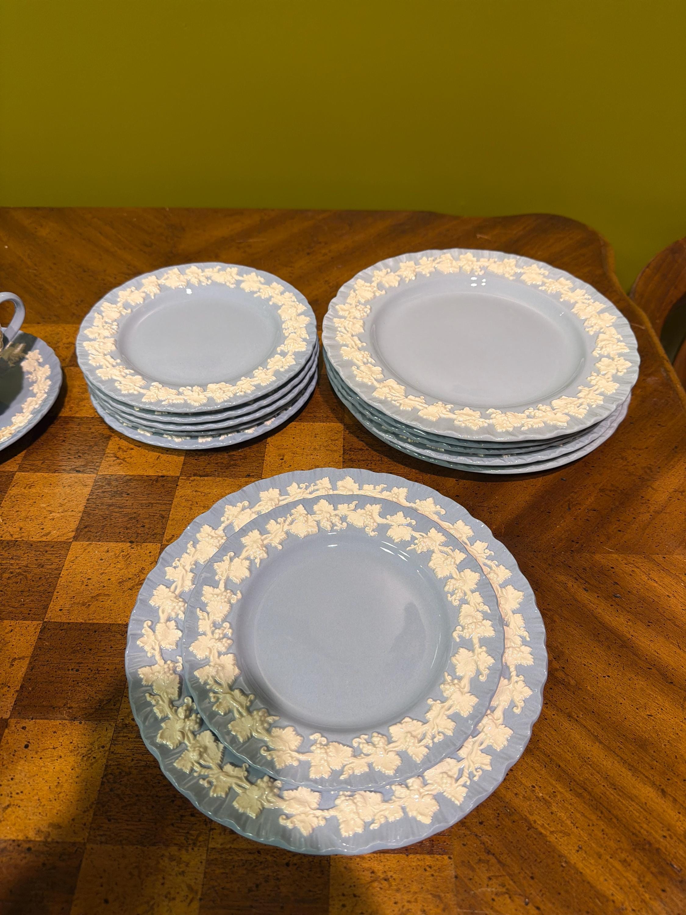 Wedgwood Queen’s Ware Blue Embossed Lunch/Tea Set, Of Etruria Barlaston England