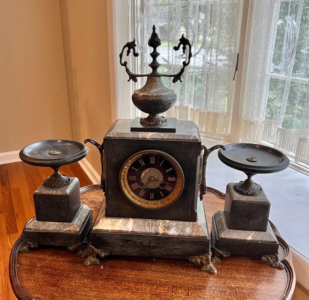 Antique French Marble Clock Set Victorian Black Slate Bronze Ormolu Mantelpiece Decorative Vintage Clock Collectible Centerpiece Rare Gift
