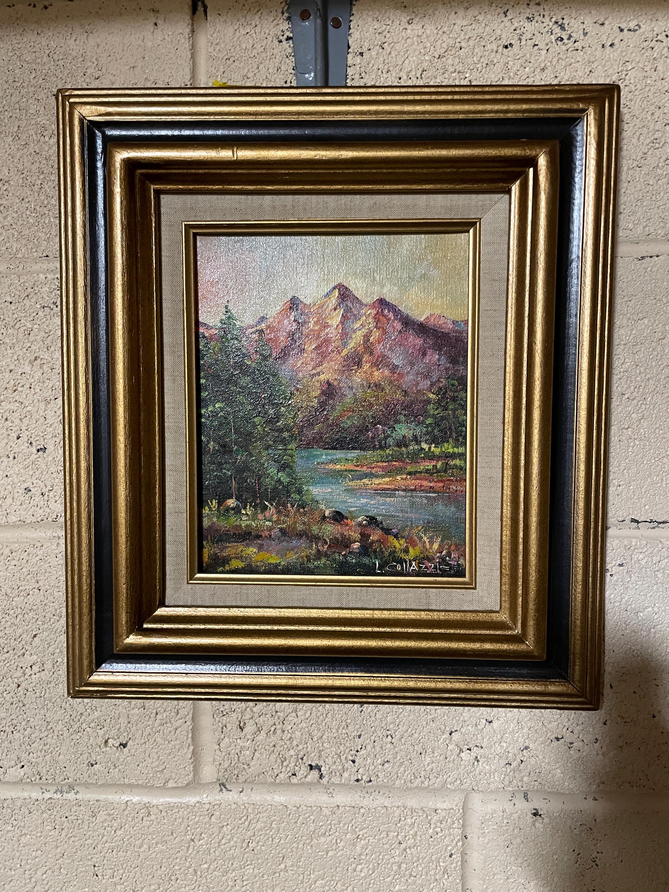 Framed Mountain Landscape Oil Painting Wall Art Nature River Scene Signed L Collazzi Textured Canvas Rustic Cabin Decoration Collectible
